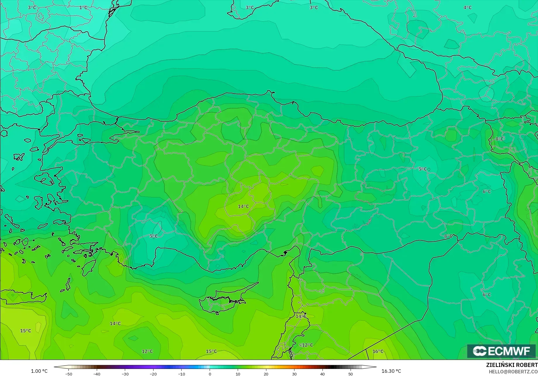 ECMWF IFS 0.25° modelo - Turquía, Temperatura a 850 hPa