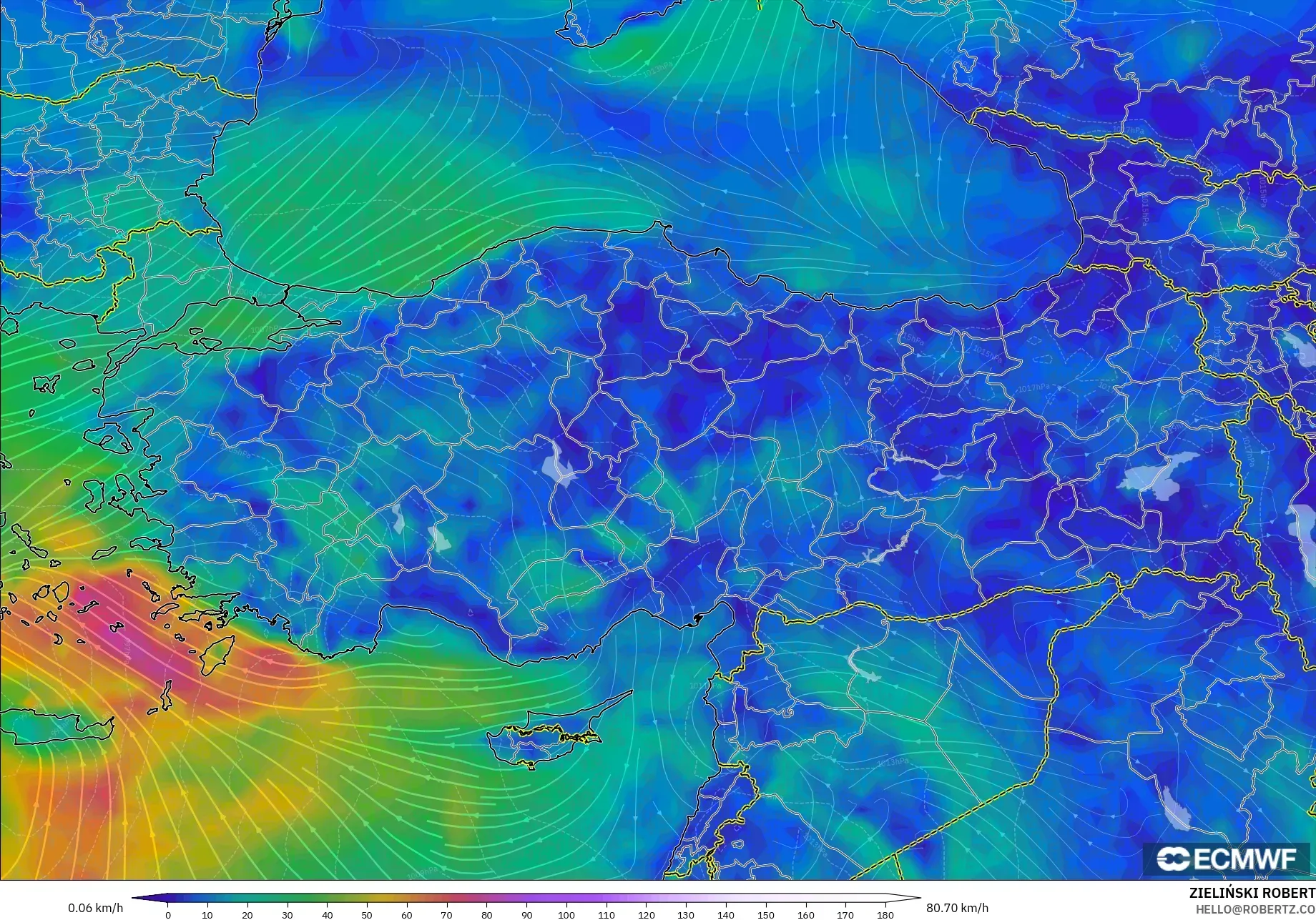 ECMWF IFS 0.25° modelo - Turquía, Viento a 10 m