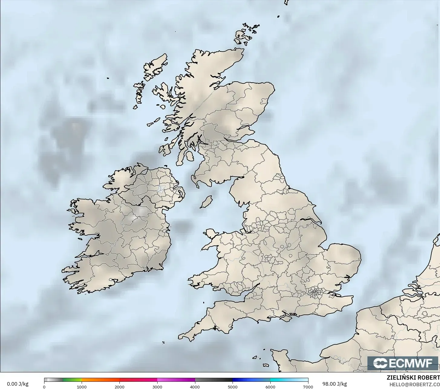 ECMWF IFS 0.25° modelo - Reino Unido, CAPE