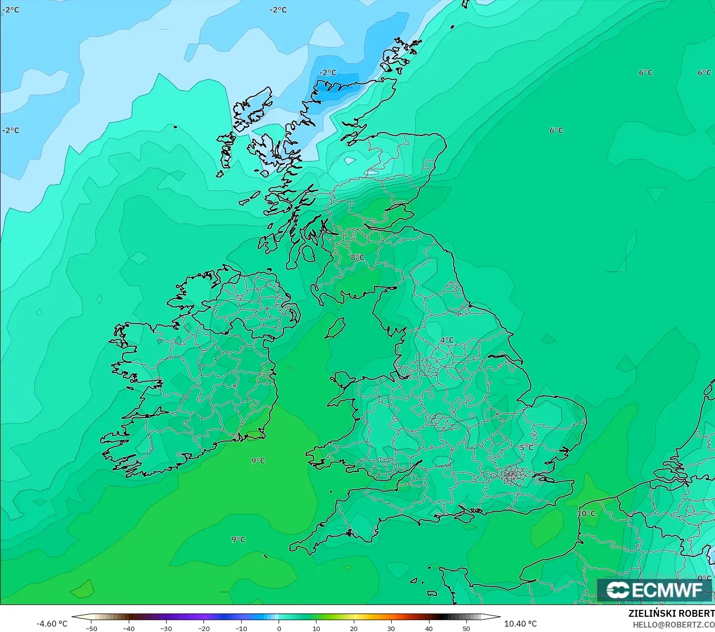 ECMWF IFS 0.25° modelo - Reino Unido, Punto de rocío a 2 m