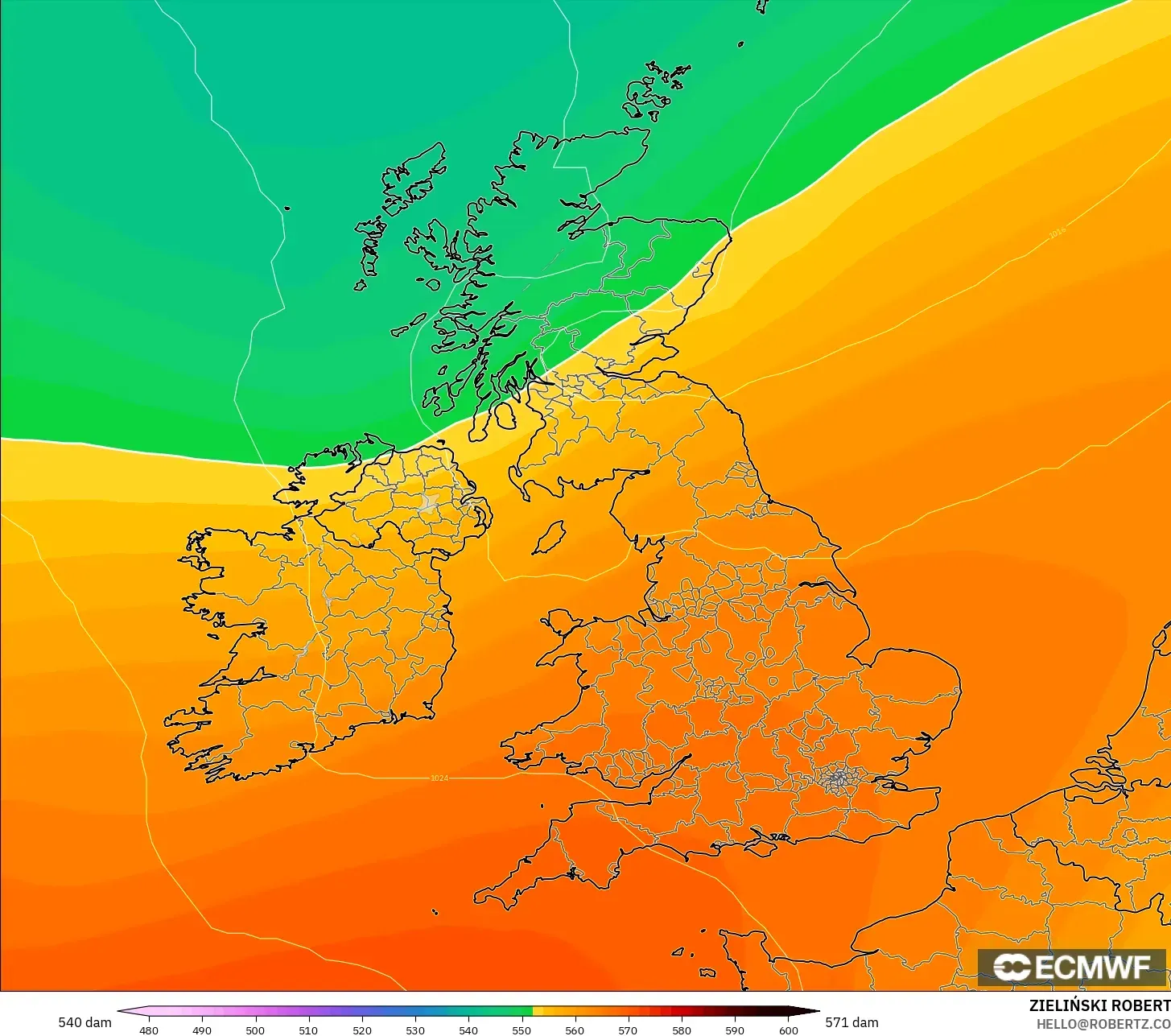 ECMWF IFS 0.25° modelo - Reino Unido, Altura geopotencial a 500 hPa