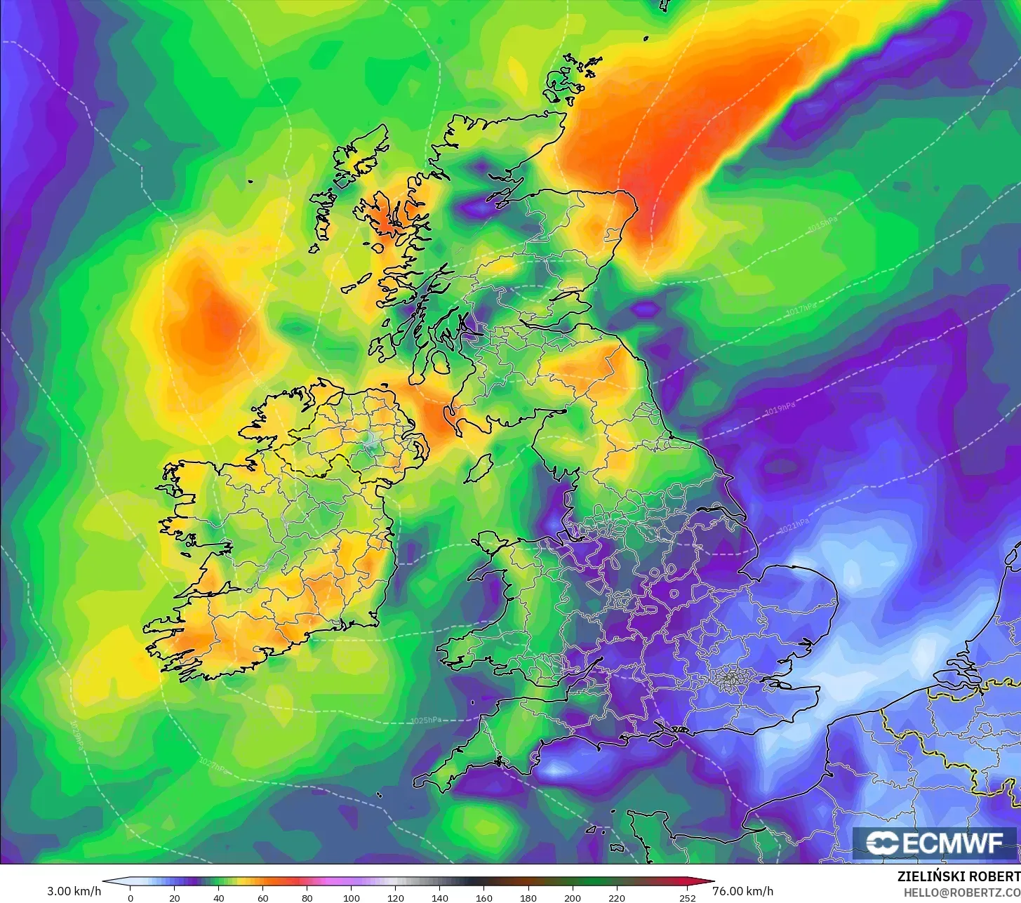 ECMWF IFS 0.25° modelo - Reino Unido, Ráfagas de Viento Máximas