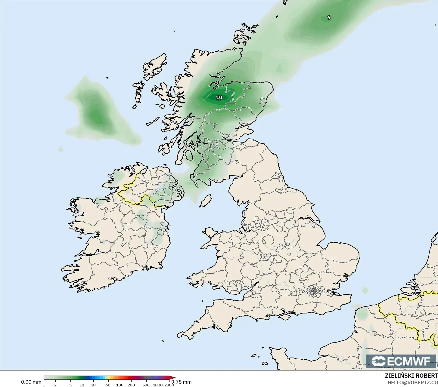 ECMWF IFS 0.25° modelo - Reino Unido, Acumulación de precipitación