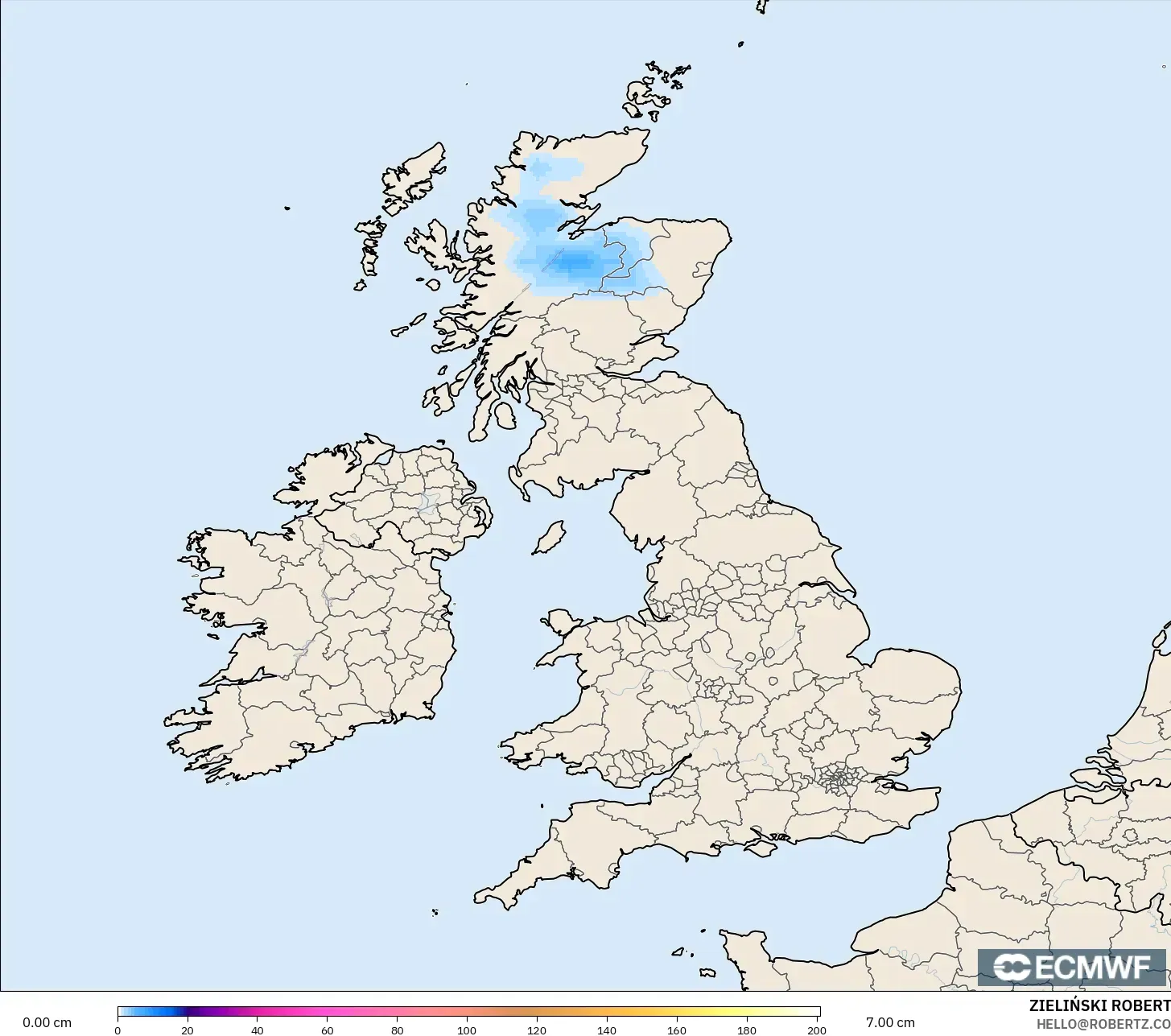 ECMWF IFS 0.25° modelo - Reino Unido, Profundidad de nieve