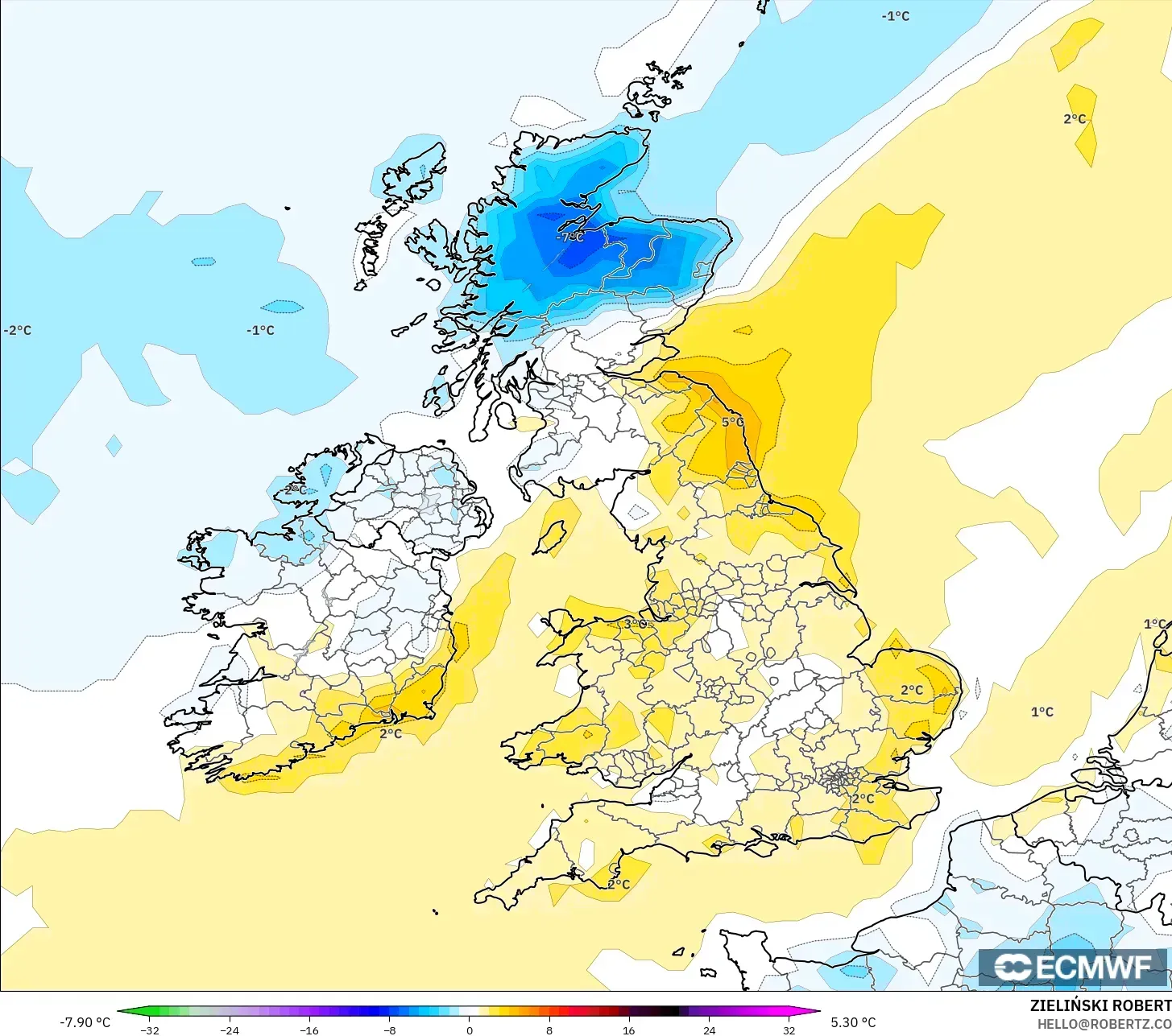 ECMWF IFS 0.25° modelo - Reino Unido, Anomalía de temperatura a 2 m