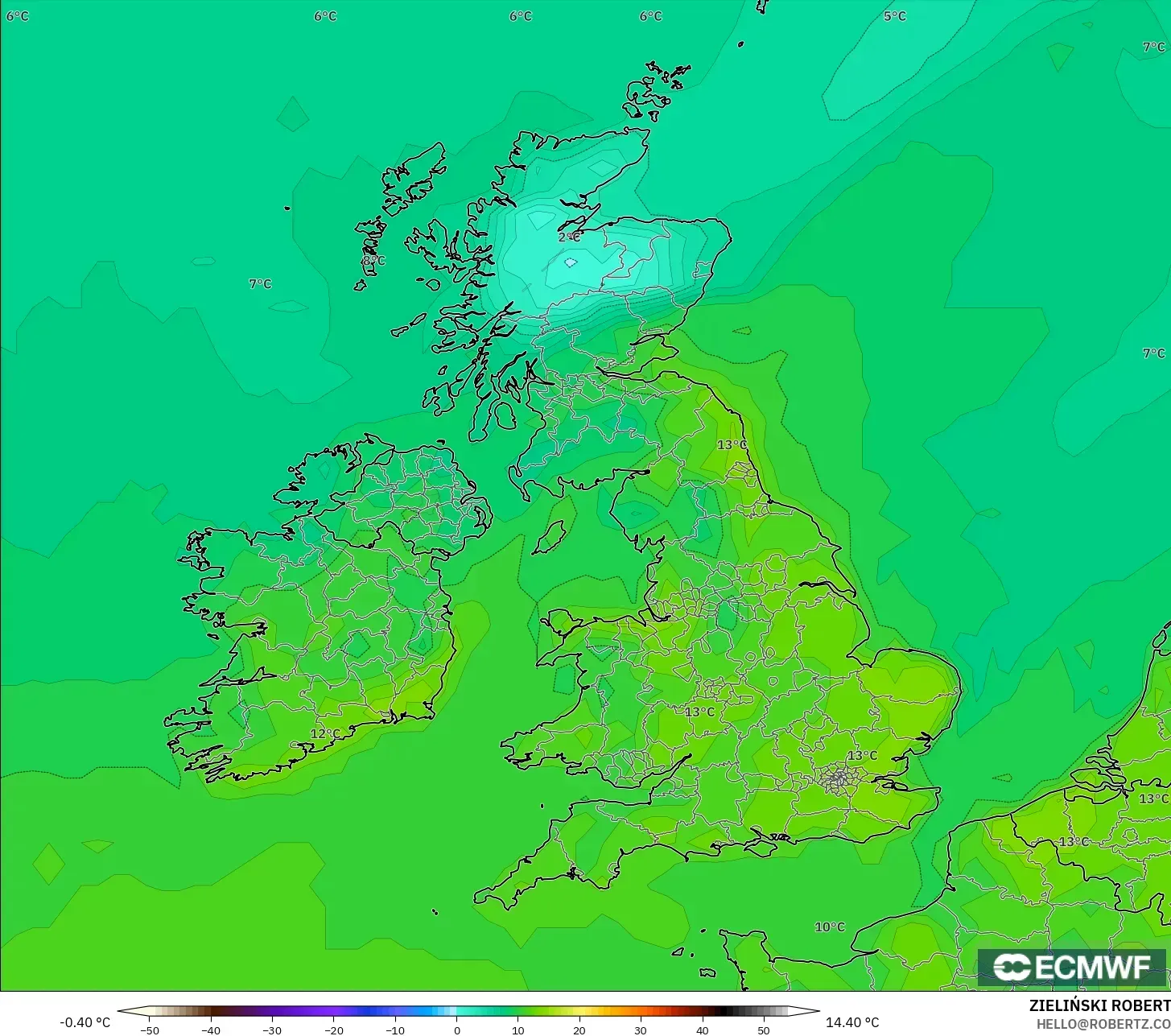 ECMWF IFS 0.25° modelo - Reino Unido, Temperatura a 2 m