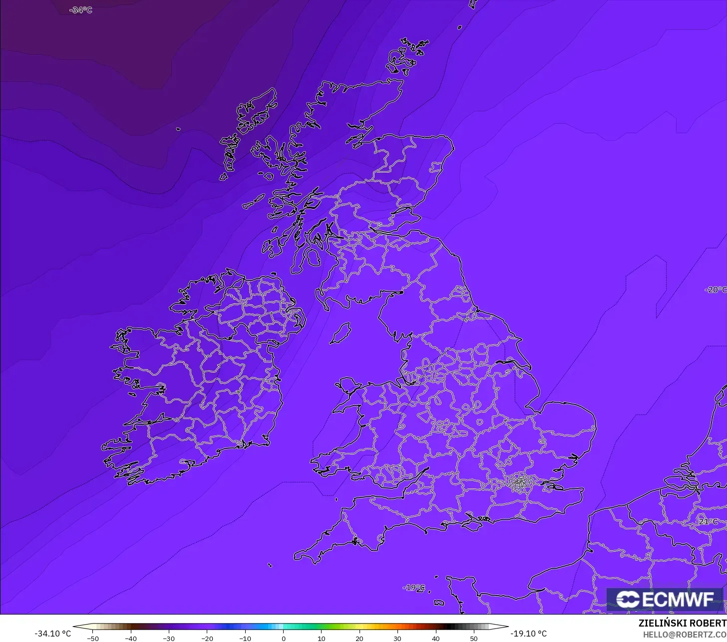 ECMWF IFS 0.25° modelo - Reino Unido, Temperatura a 500 hPa