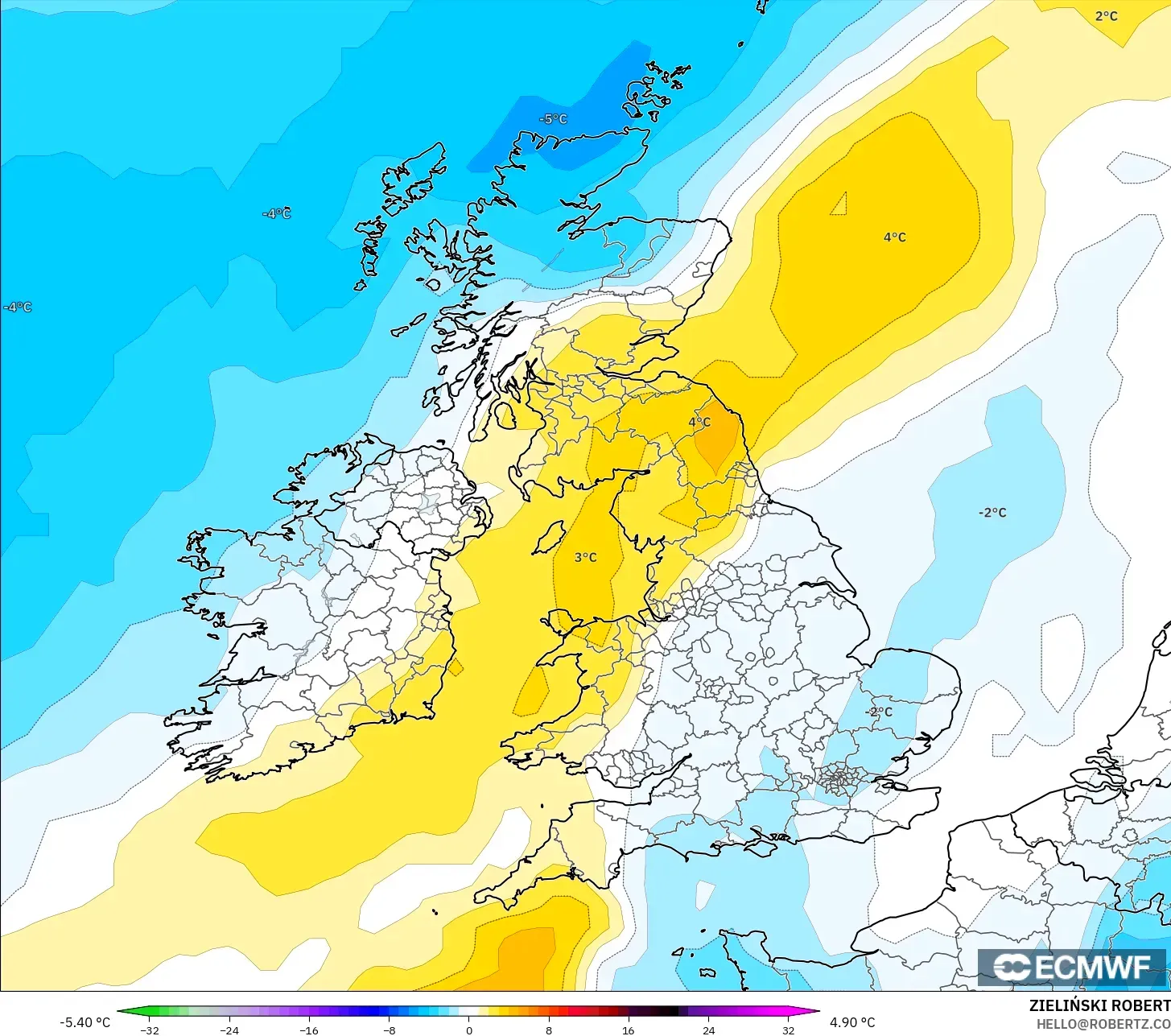 ECMWF IFS 0.25° modelo - Reino Unido, Anomalía de temperatura a 850 hPa
