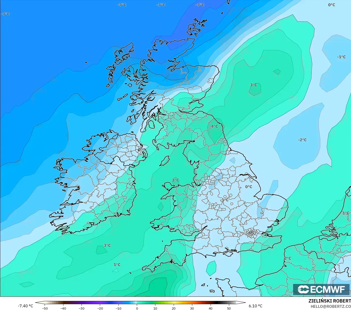 ECMWF IFS 0.25° modelo - Reino Unido, Temperatura a 850 hPa