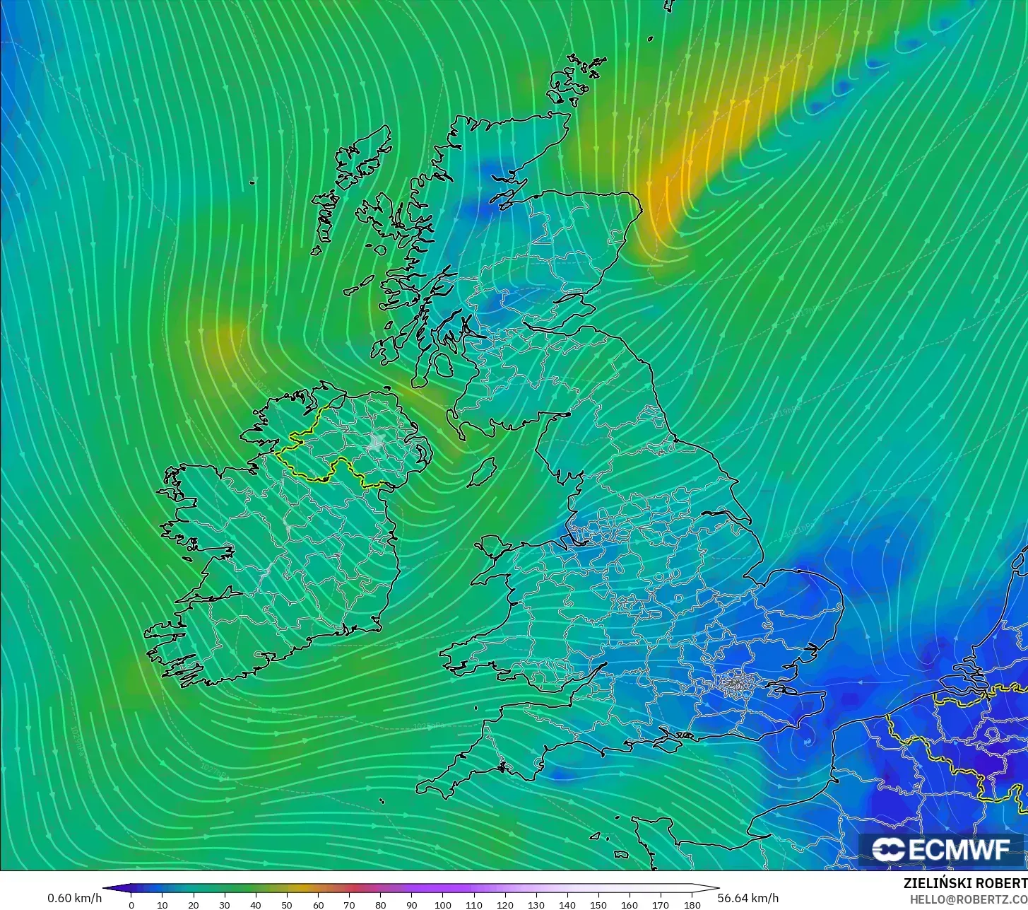 ECMWF IFS 0.25° modelo - Reino Unido, Viento a 10 m