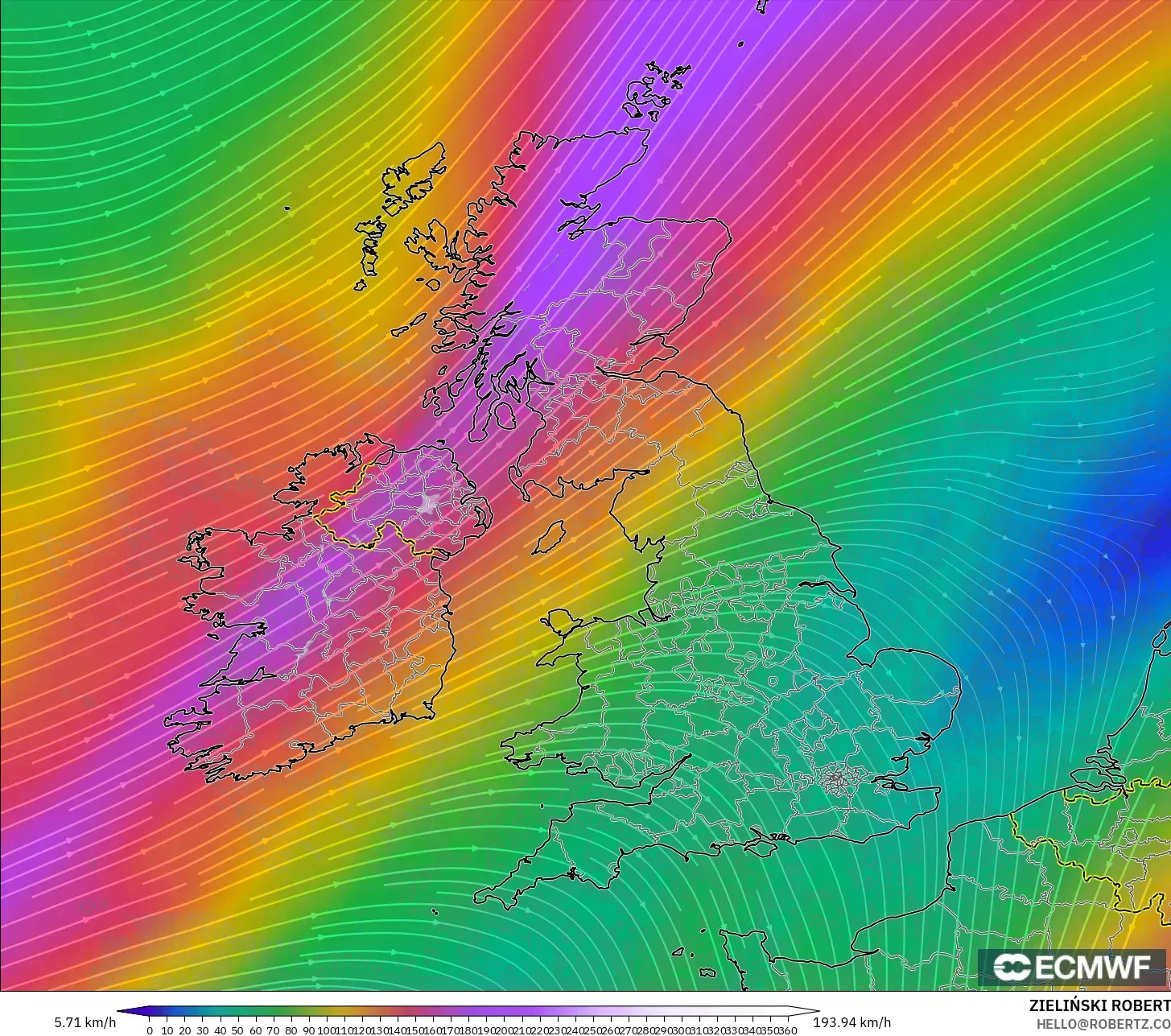 ECMWF IFS 0.25° modelo - Reino Unido, Viento a 300 hPa (corriente en chorro)