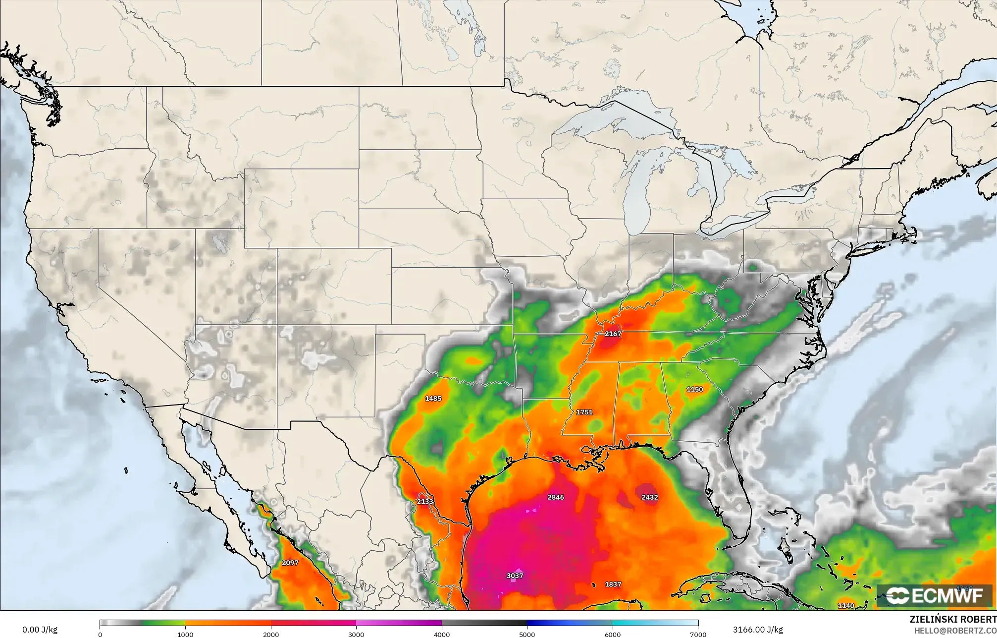 ECMWF IFS 0.25° modelo - Estados Unidos, CAPE