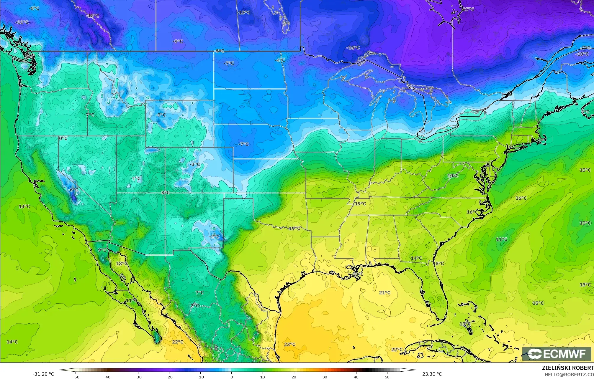 ECMWF IFS 0.25° modelo - Estados Unidos, Punto de rocío a 2 m