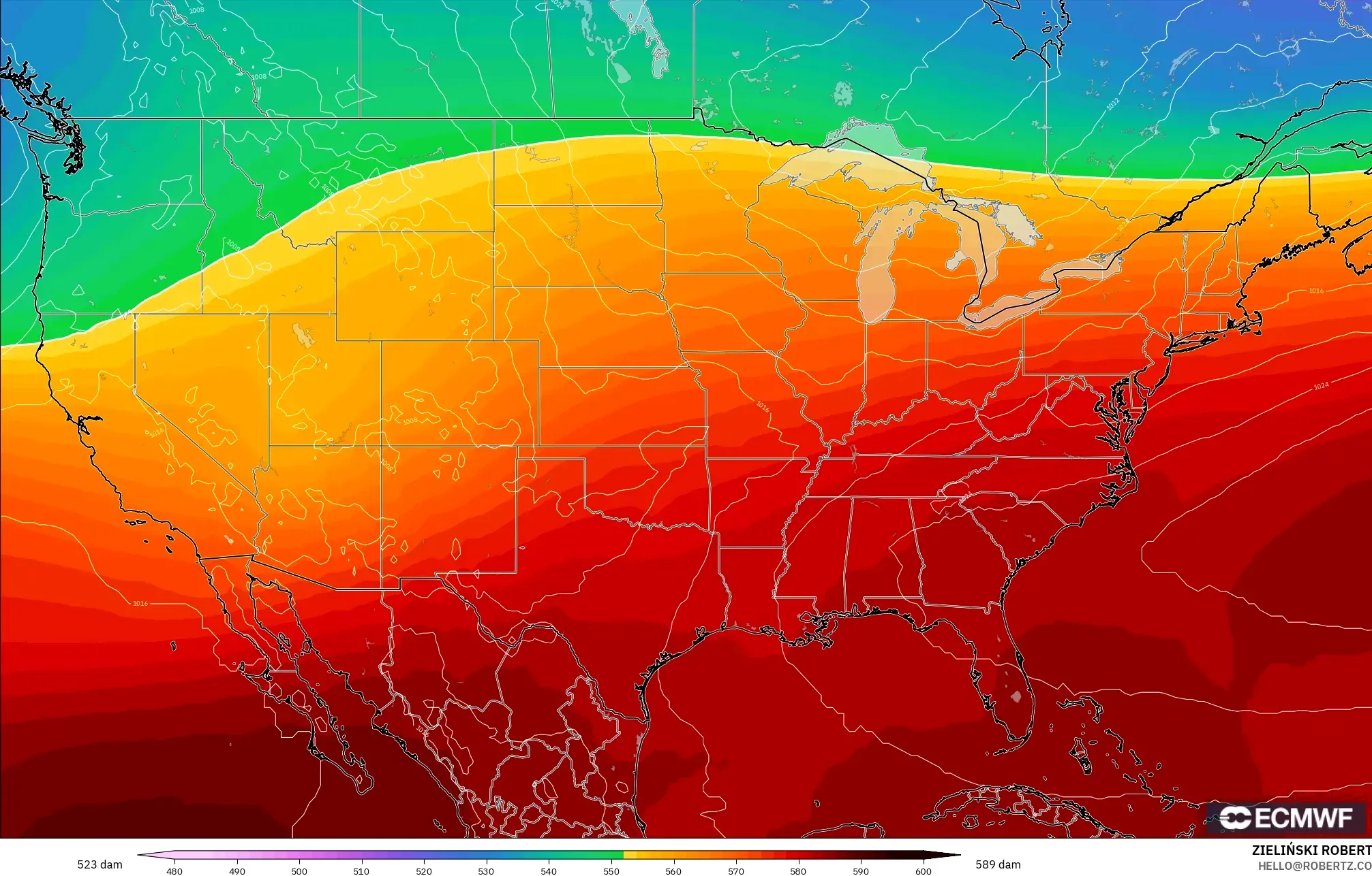 ECMWF IFS 0.25° modelo - Estados Unidos, Altura geopotencial a 500 hPa