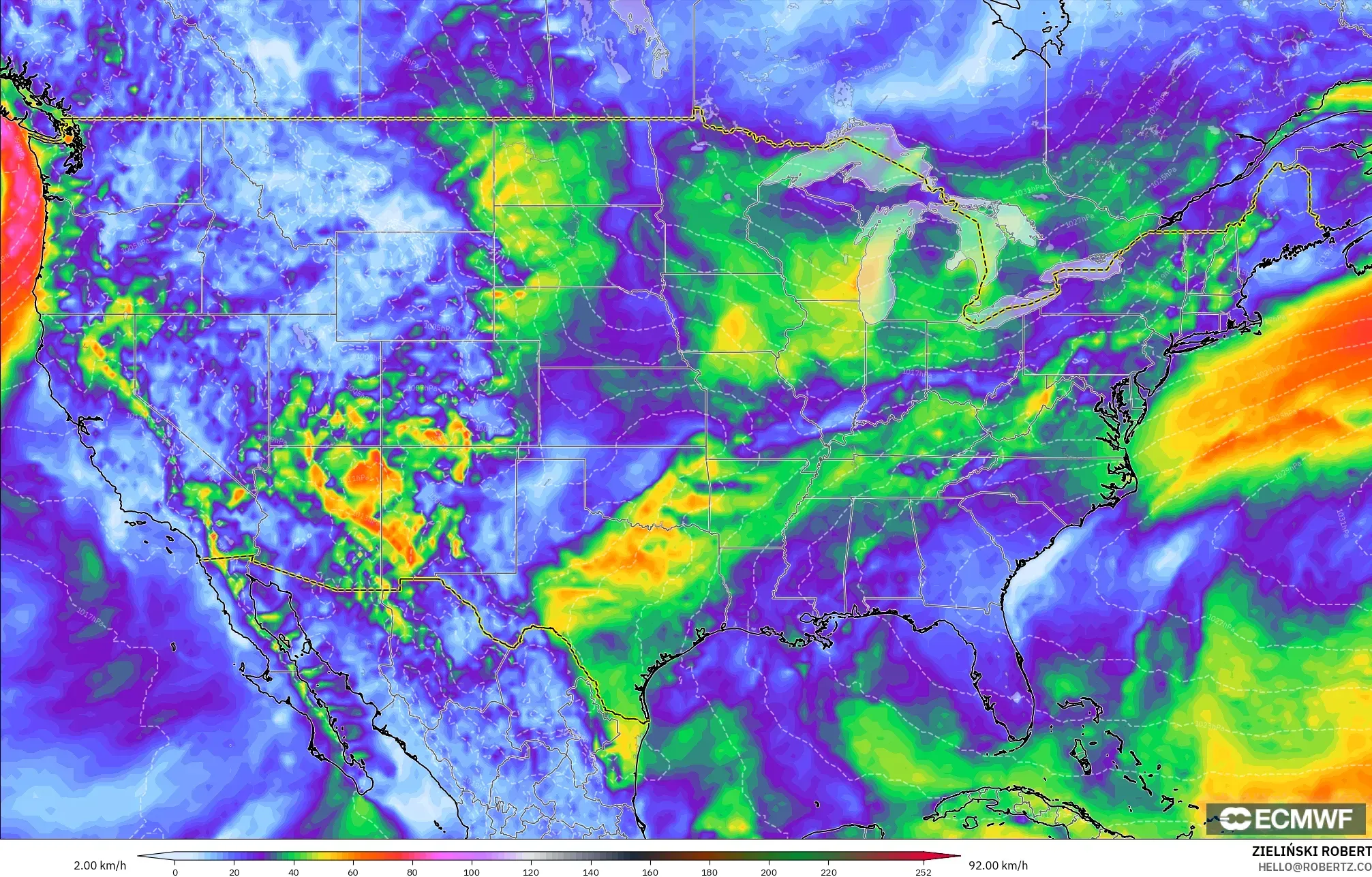 ECMWF IFS 0.25° modelo - Estados Unidos, Ráfagas de viento