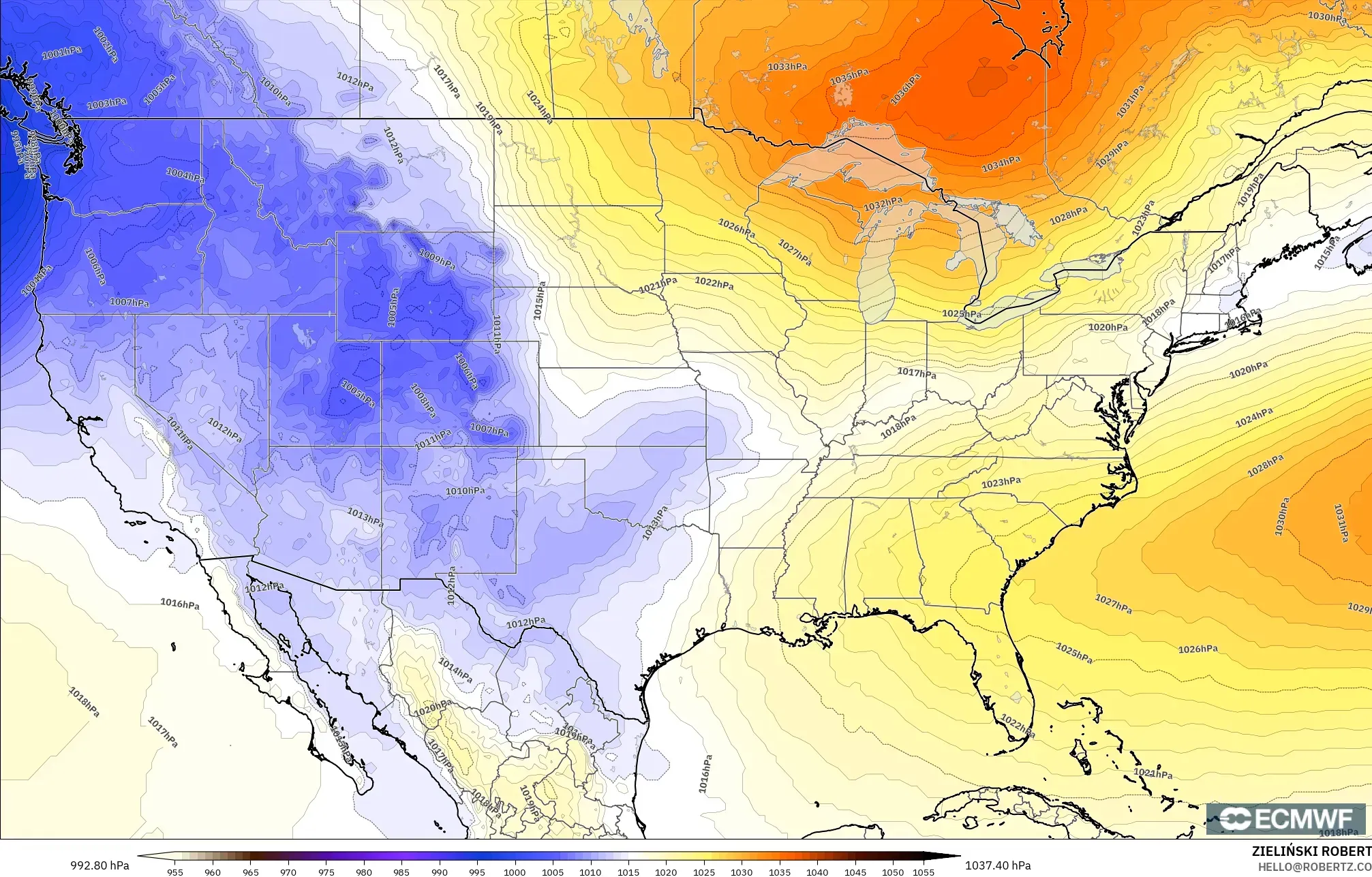 ECMWF IFS 0.25° modelo - Estados Unidos, Presión