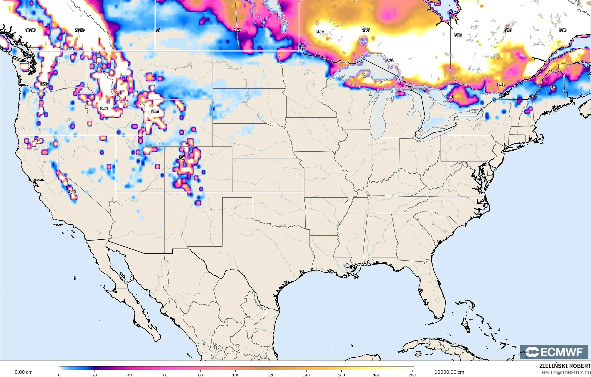 ECMWF IFS 0.25° modelo - Estados Unidos, Profundidad de nieve