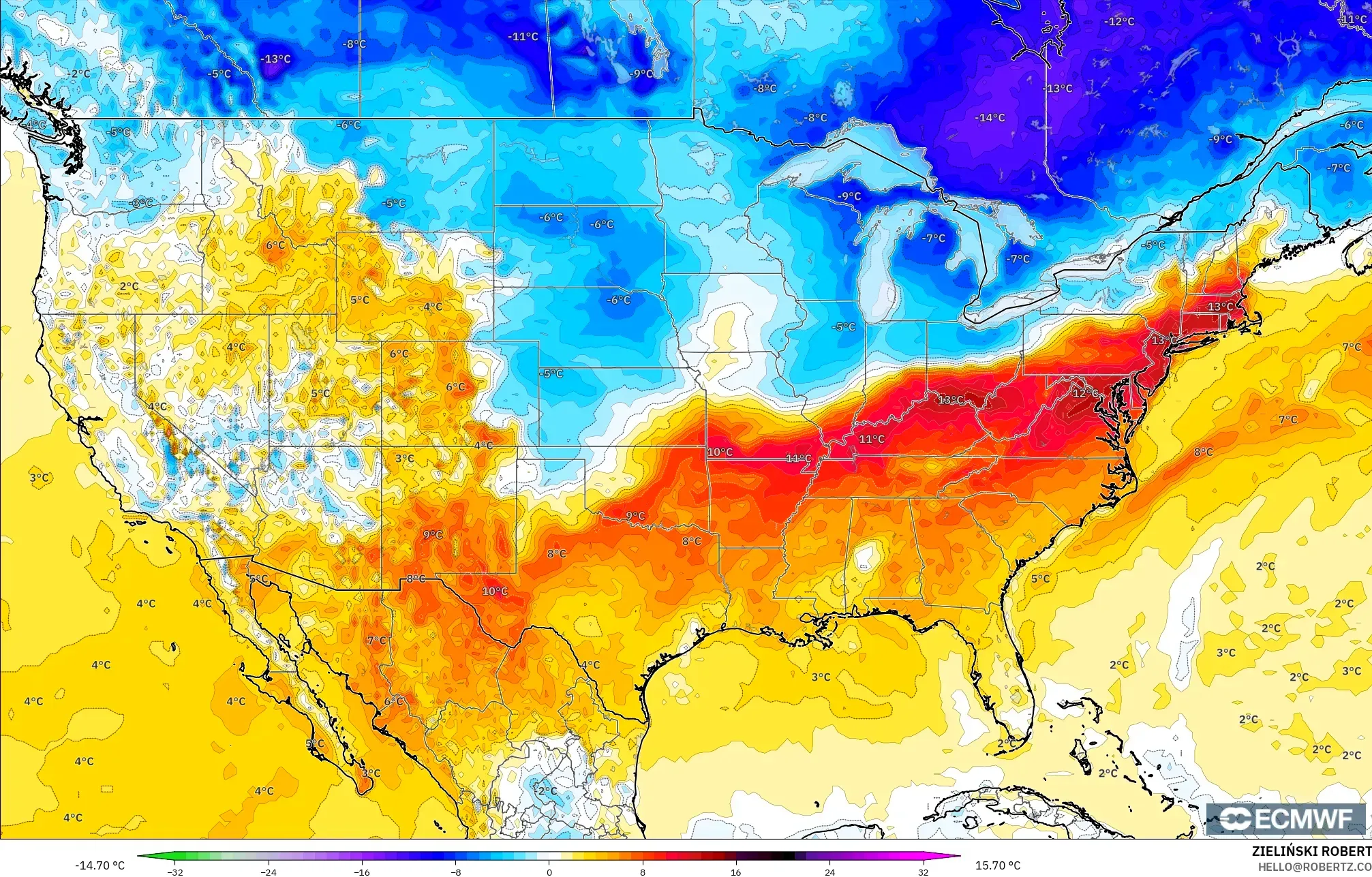 ECMWF IFS 0.25° modelo - Estados Unidos, Anomalía de temperatura a 2 m