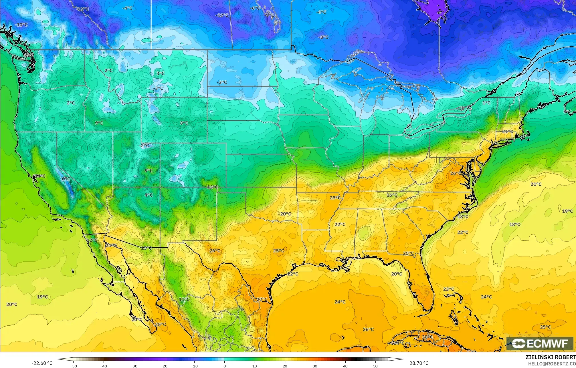 ECMWF IFS 0.25° modelo - Estados Unidos, Temperatura a 2 m
