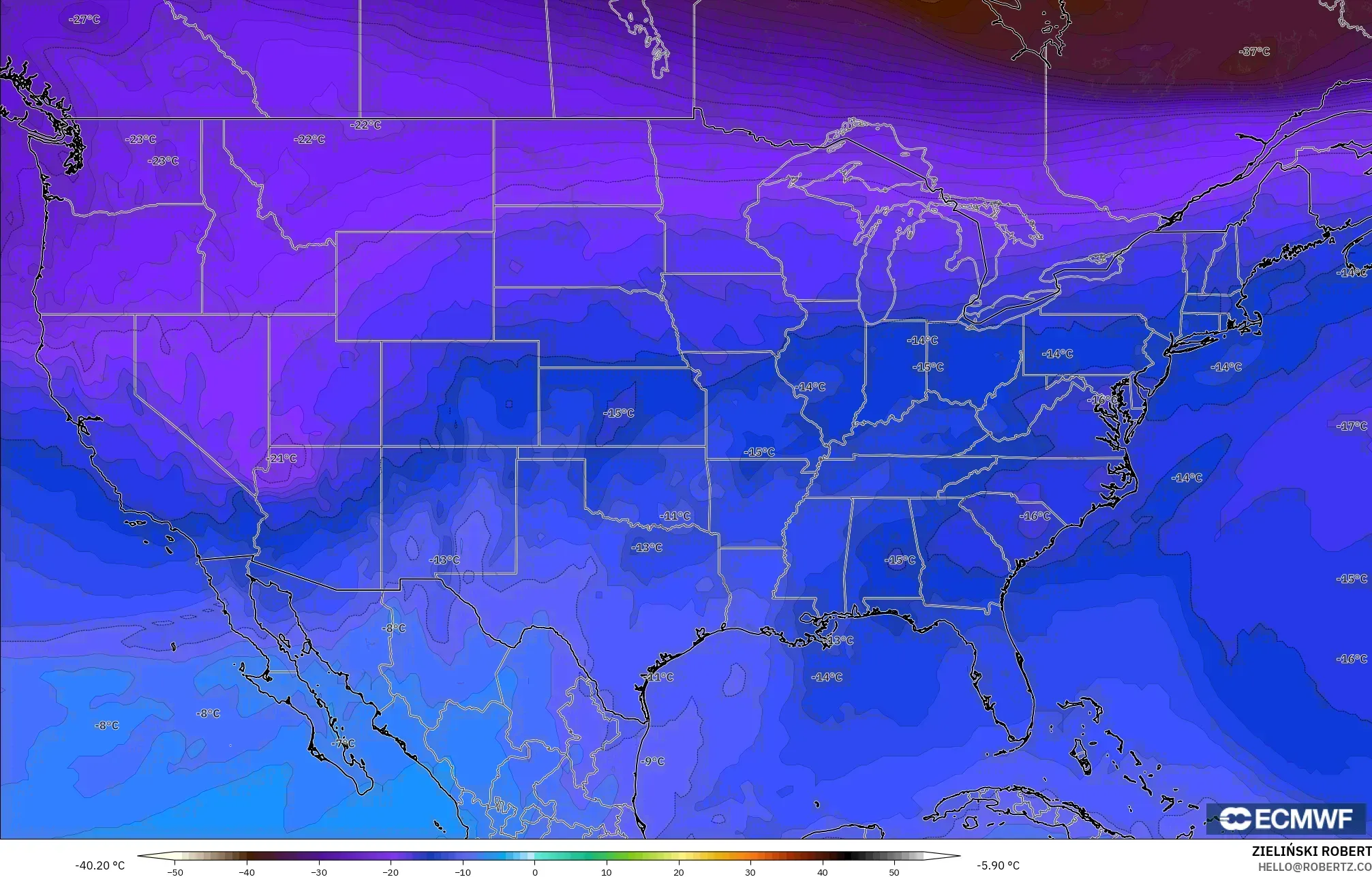 ECMWF IFS 0.25° modelo - Estados Unidos, Temperatura a 500 hPa