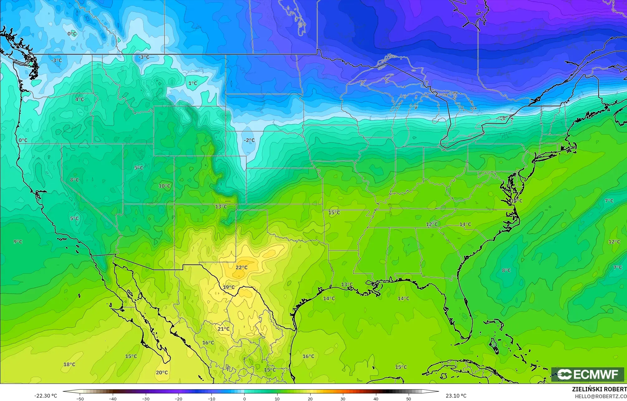 ECMWF IFS 0.25° modelo - Estados Unidos, Temperatura a 850 hPa