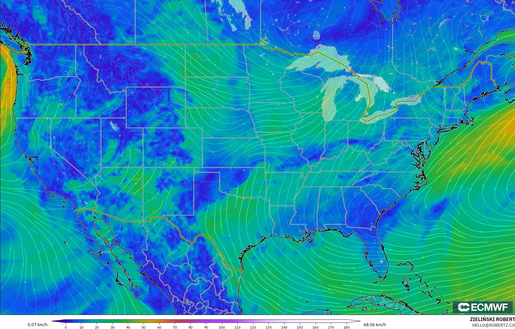 ECMWF IFS 0.25° modelo - Estados Unidos, Viento a 10 m
