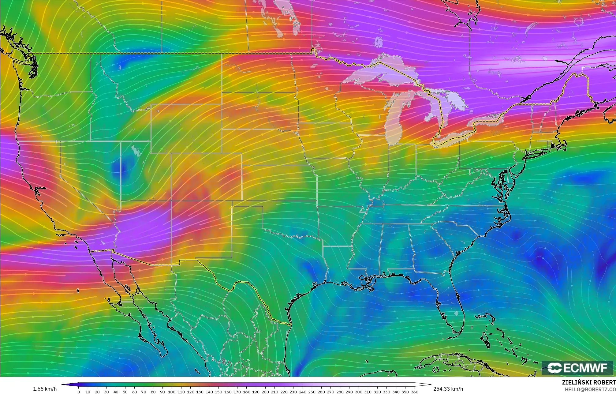 ECMWF IFS 0.25° modelo - Estados Unidos, Viento a 300 hPa (corriente en chorro)