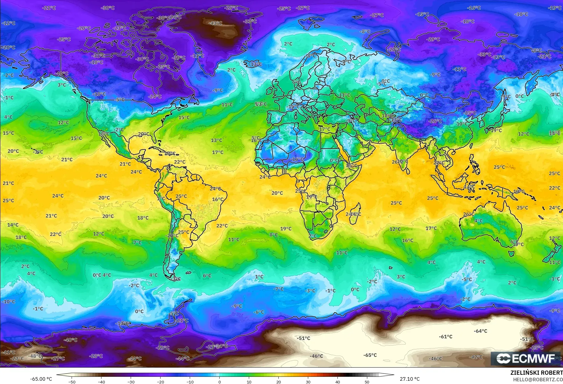 ECMWF IFS 0.25° modelo - Mundo, Punto de rocío a 2 m