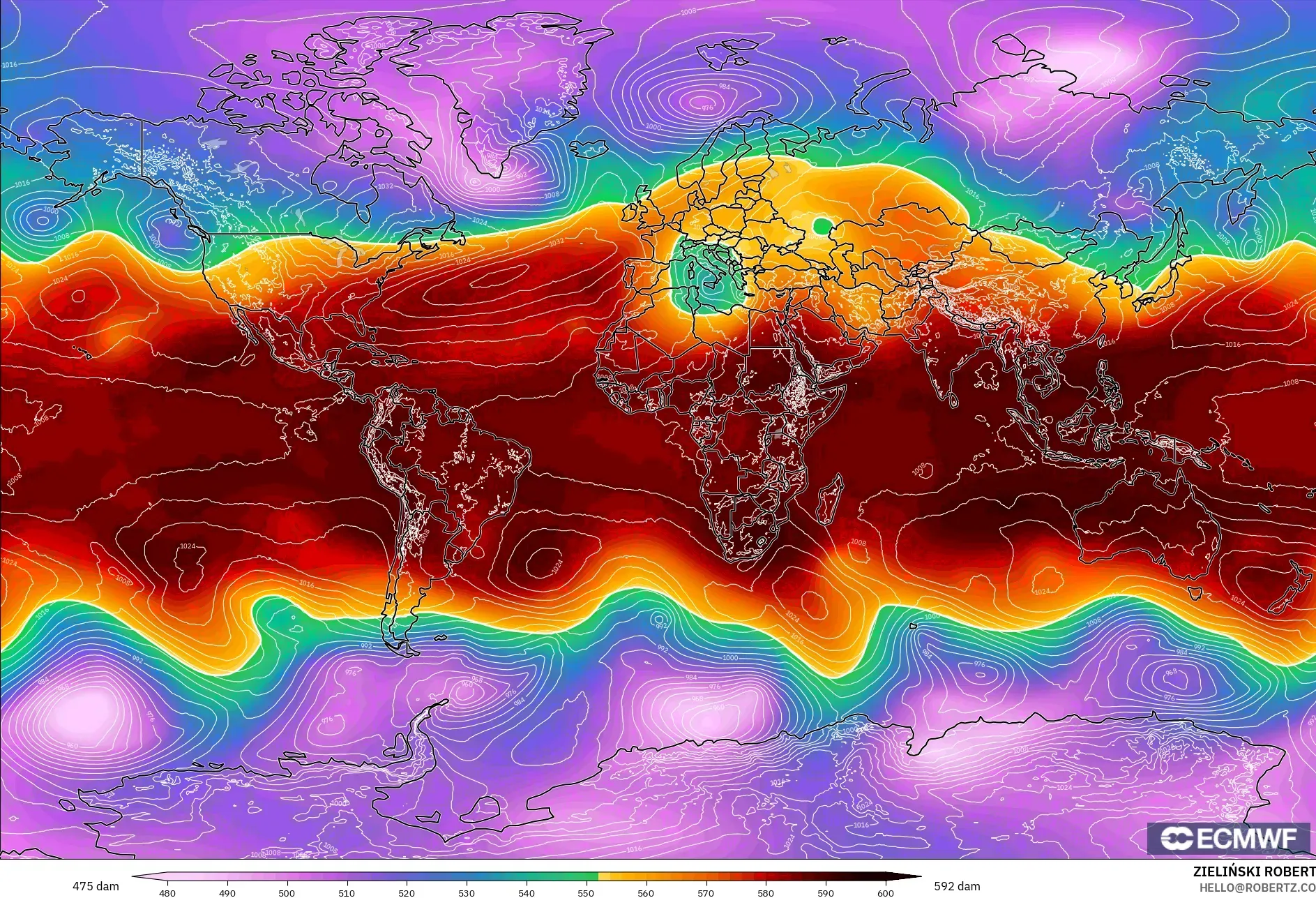 ECMWF IFS 0.25° modelo - Mundo, Altura geopotencial a 500 hPa