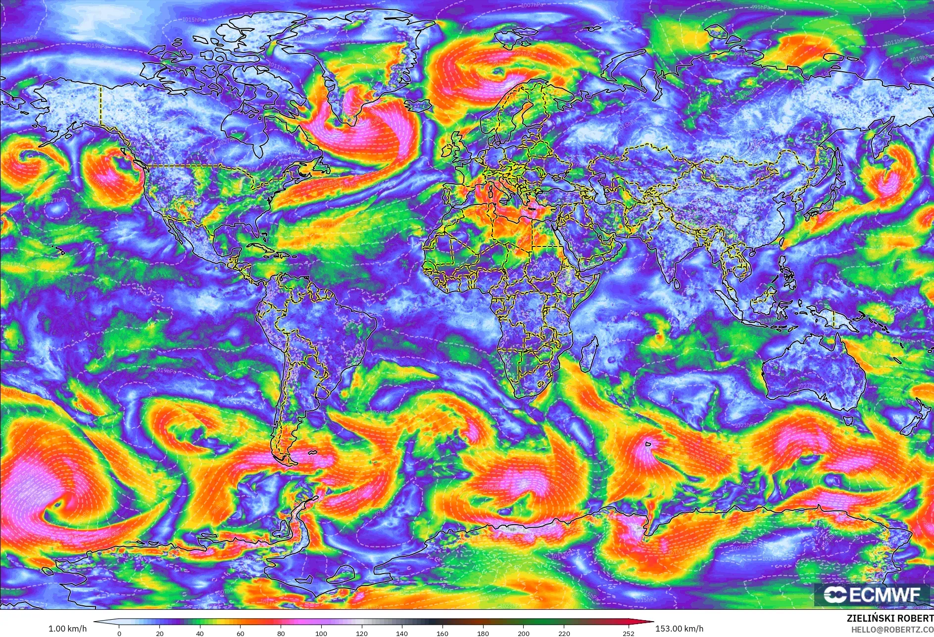 ECMWF IFS 0.25° modelo - Mundo, Ráfagas de viento