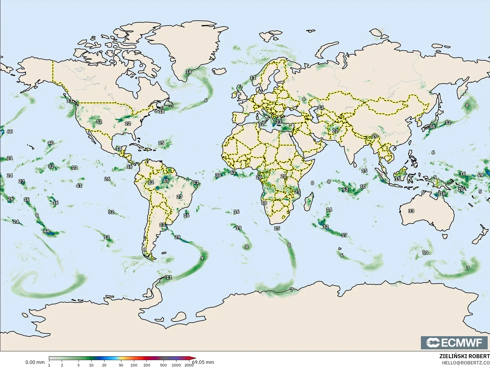 ECMWF IFS 0.25° modelo - Mundo, Acumulación de precipitación