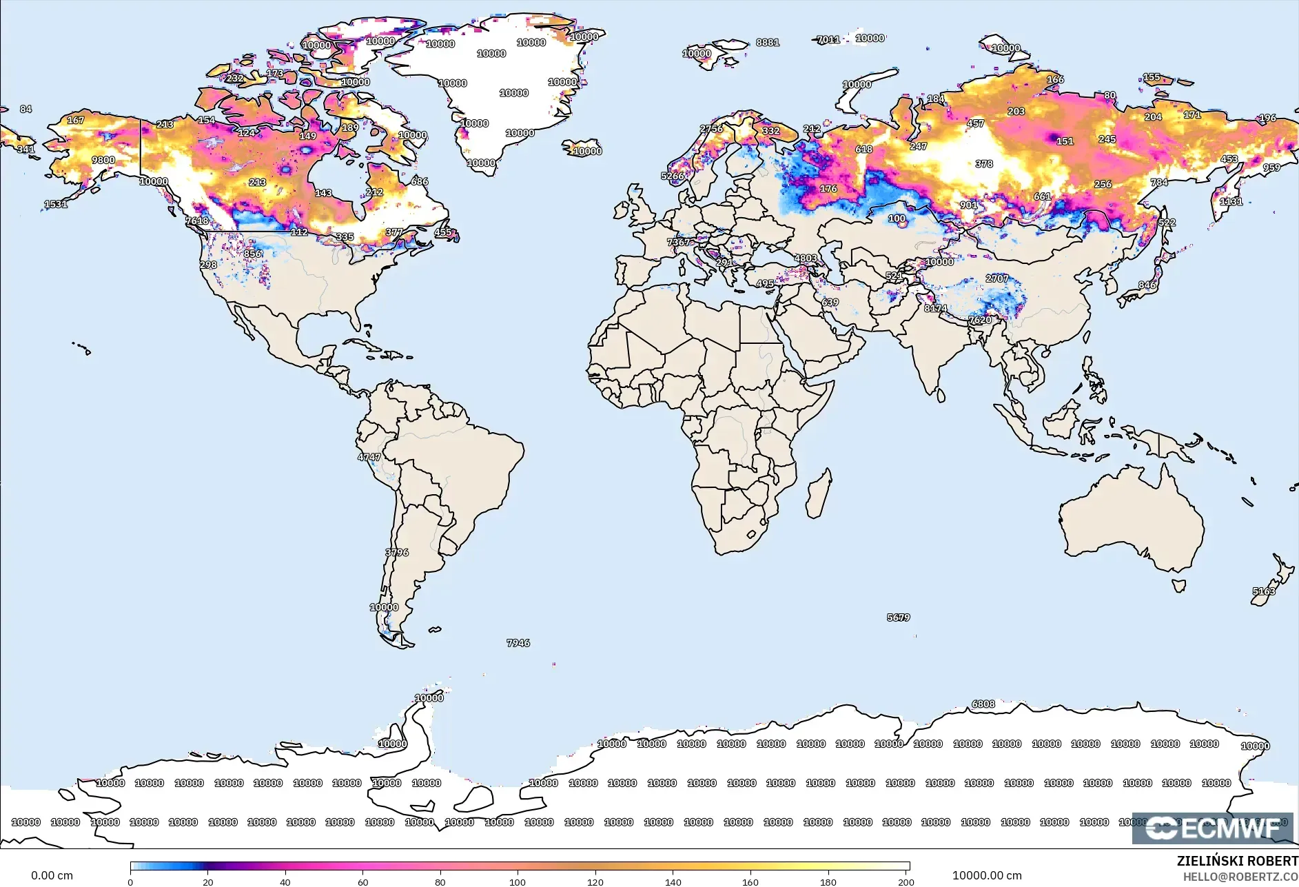 ECMWF IFS 0.25° modelo - Mundo, Profundidad de nieve