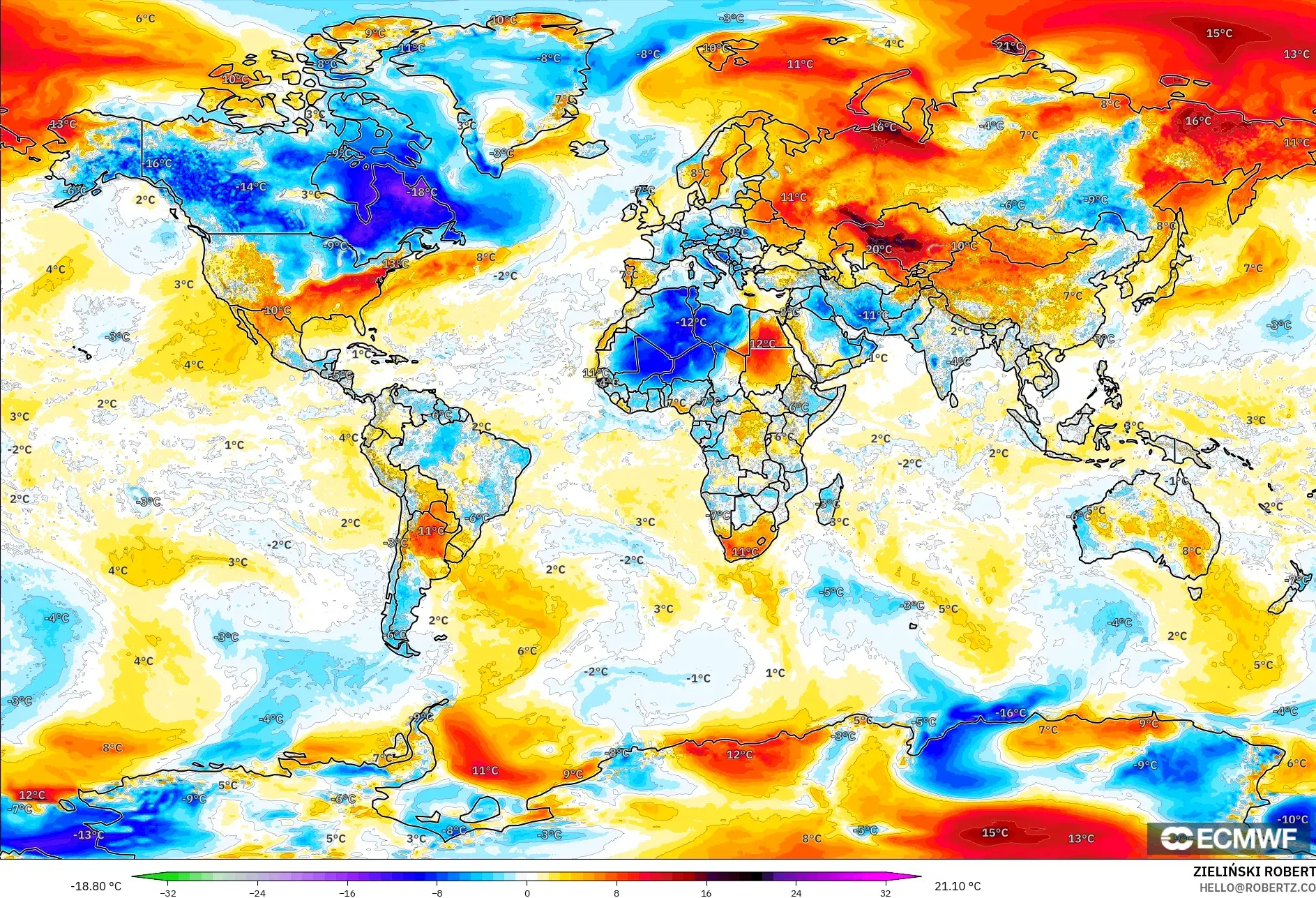 ECMWF IFS 0.25° modelo - Mundo, Anomalía de temperatura a 2 m