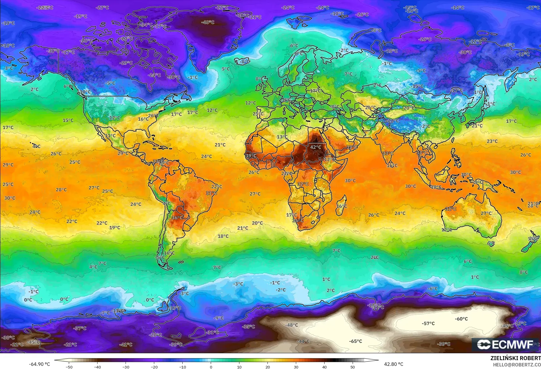 ECMWF IFS 0.25° modelo - Mundo, Temperatura a 2 m