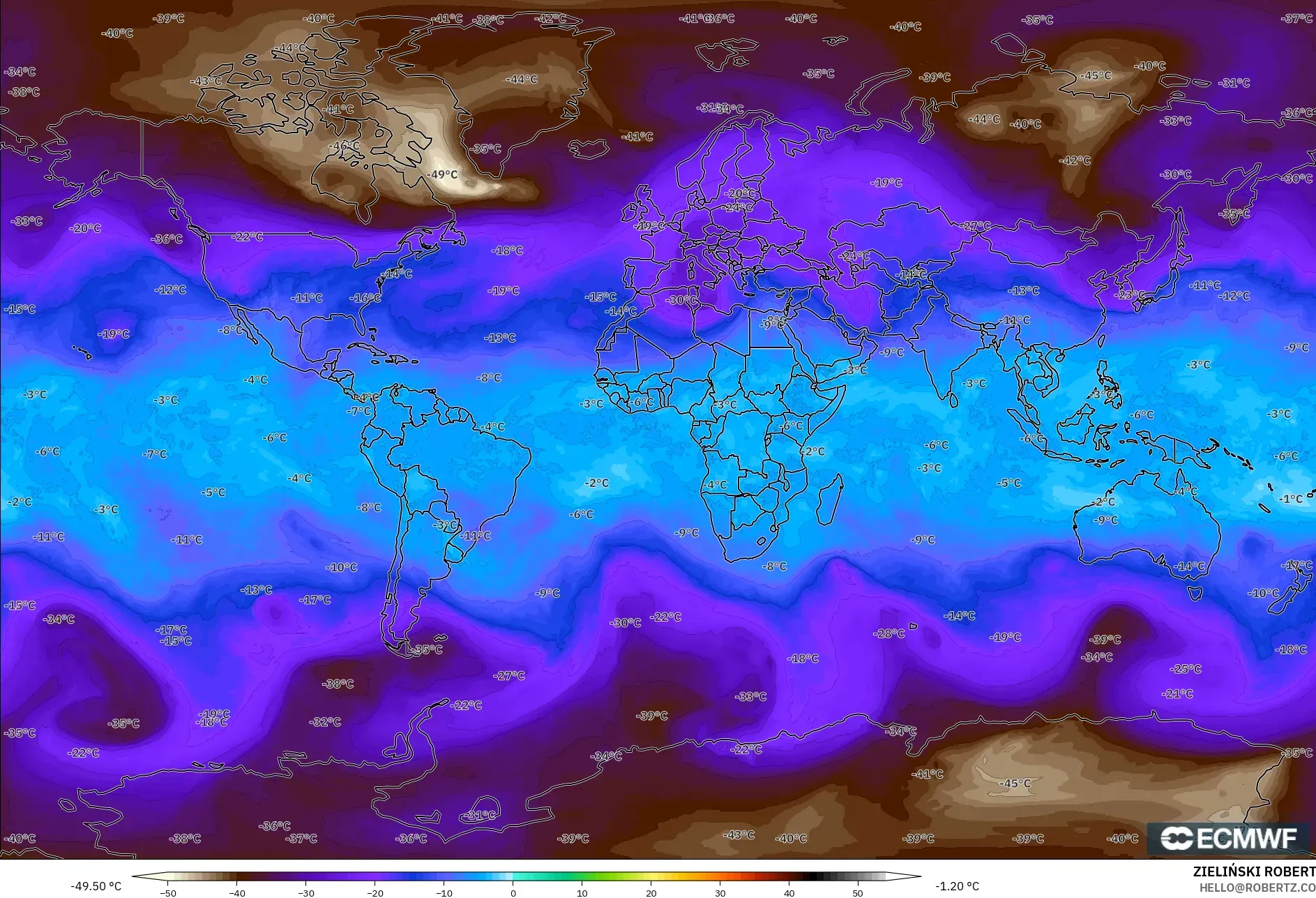 ECMWF IFS 0.25° modelo - Mundo, Temperatura a 500 hPa