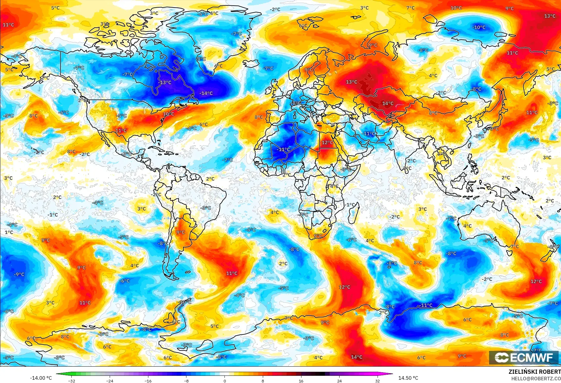 ECMWF IFS 0.25° modelo - Mundo, Anomalía de temperatura a 850 hPa