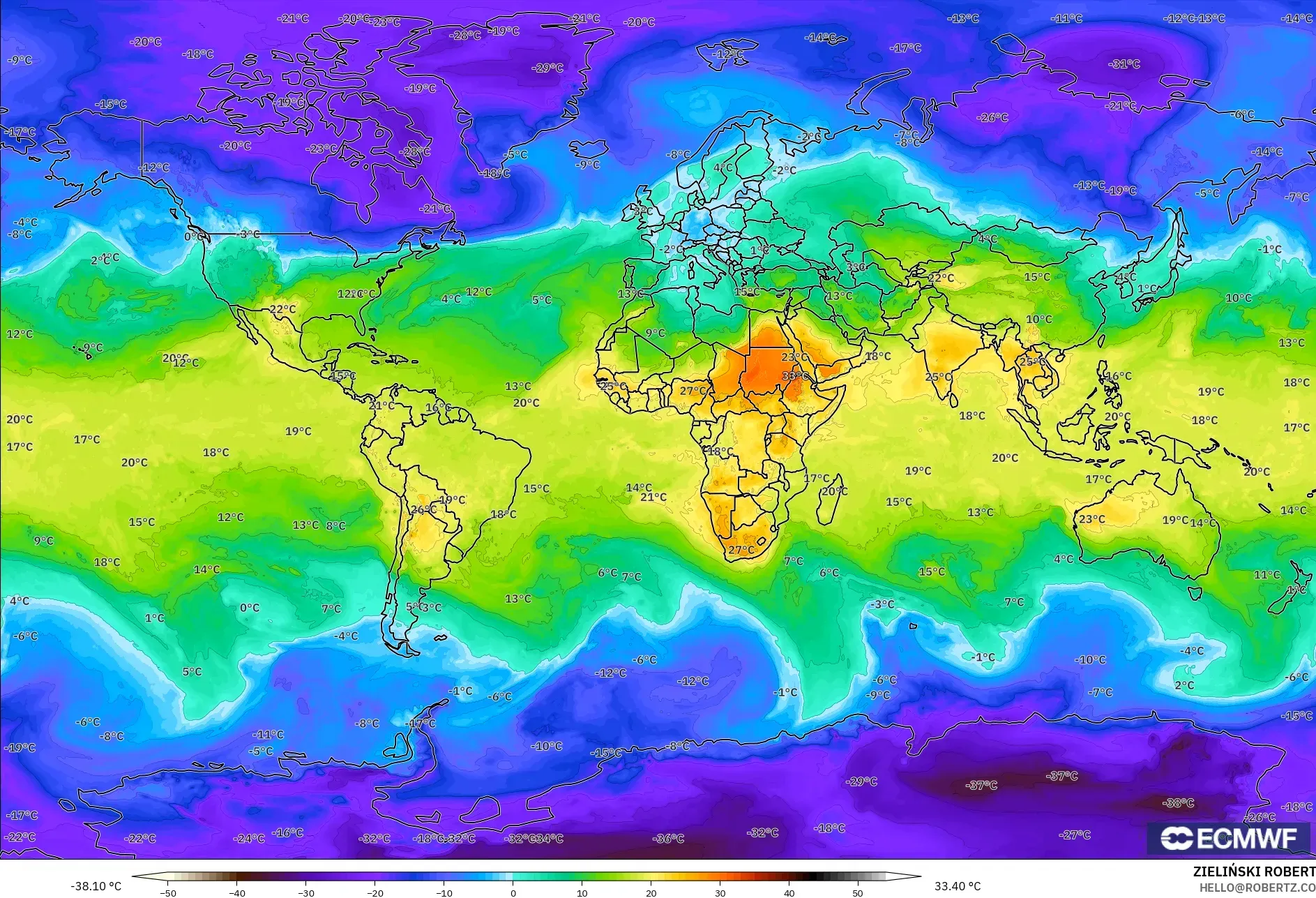 ECMWF IFS 0.25° modelo - Mundo, Temperatura a 850 hPa