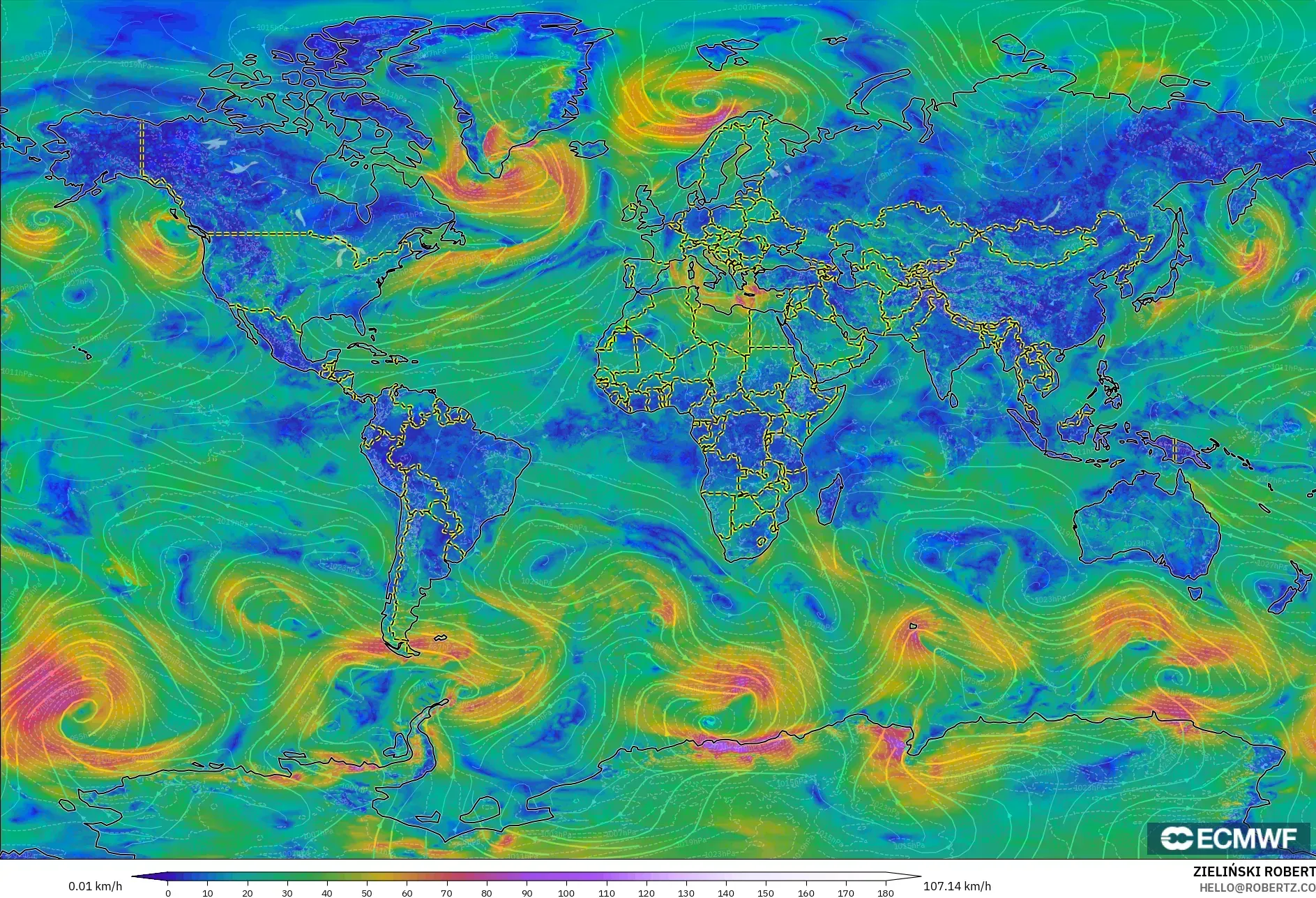 ECMWF IFS 0.25° modelo - Mundo, Viento a 10 m