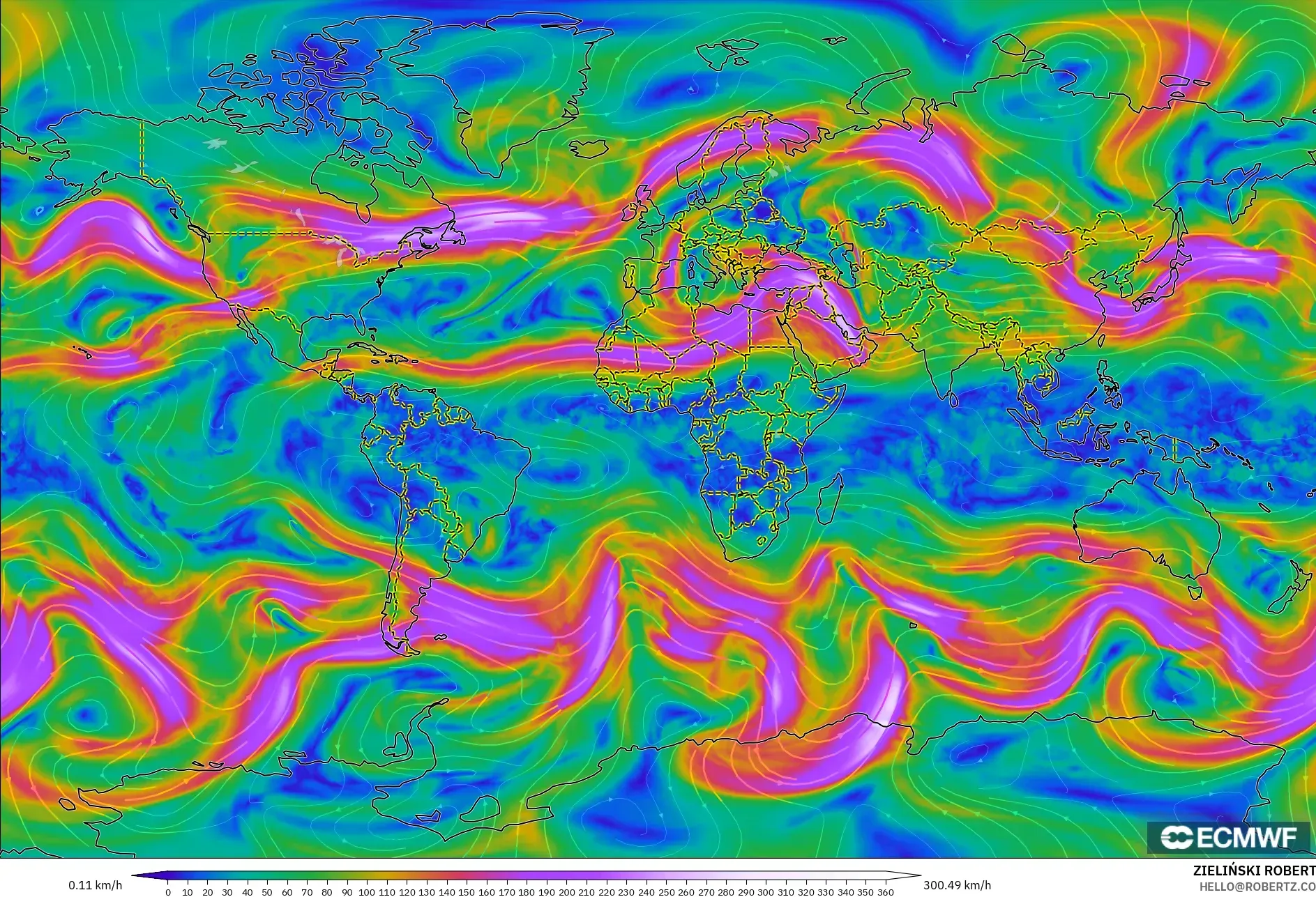 ECMWF IFS 0.25° modelo - Mundo, Viento a 300 hPa (corriente en chorro)