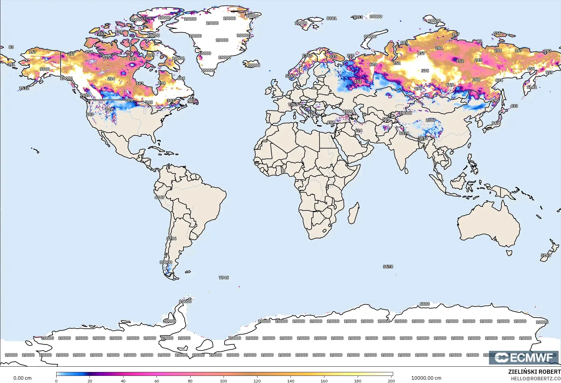 ECMWF IFS 0.25° modelo - Mundo, Profundidad de nieve