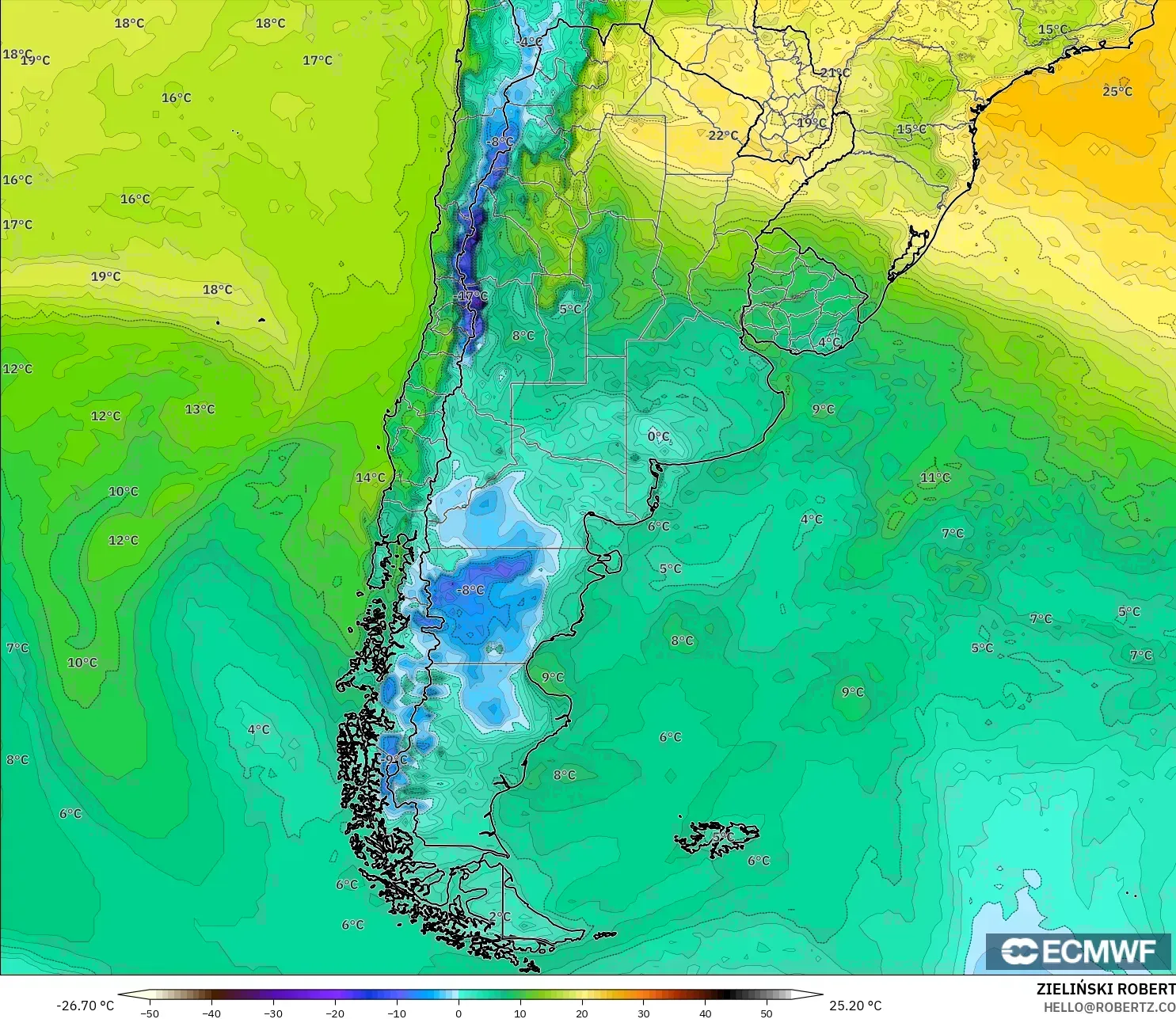 ECMWF IFS 0.25° modelo - Argentina, Punto de rocío a 2 m