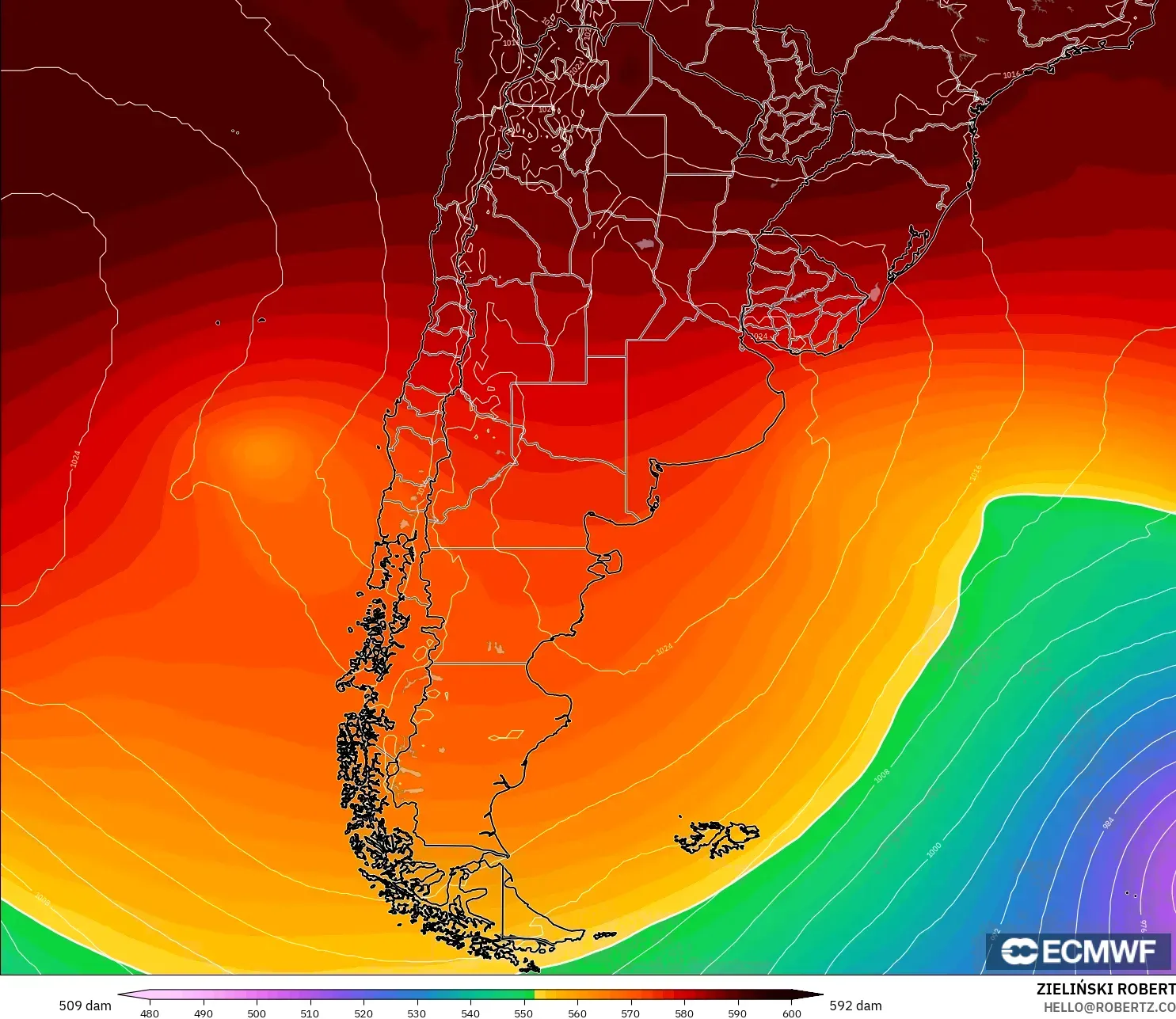 ECMWF IFS 0.25° modelo - Argentina, Altura geopotencial a 500 hPa