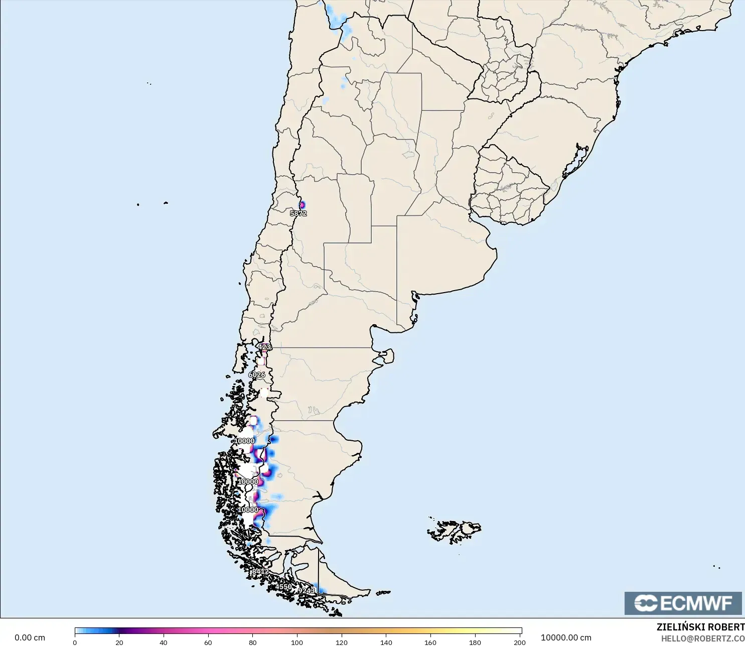 ECMWF IFS 0.25° modelo - Argentina, Profundidad de nieve