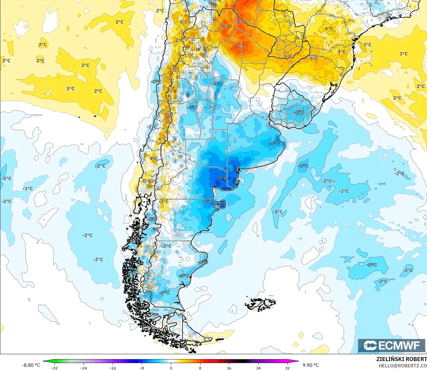 ECMWF IFS 0.25° modelo - Argentina, Anomalía de temperatura a 2 m