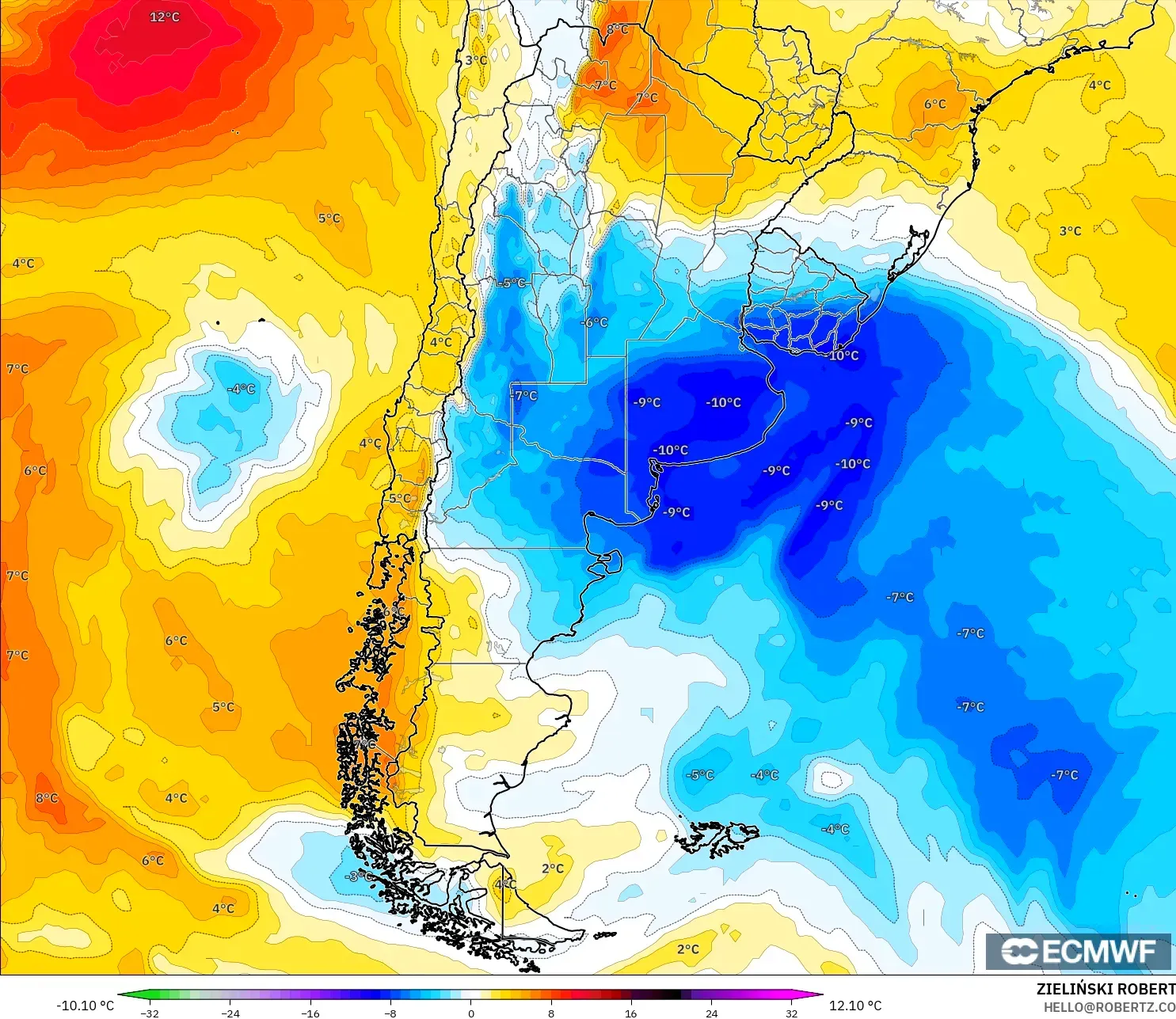 ECMWF IFS 0.25° modelo - Argentina, Anomalía de temperatura a 850 hPa