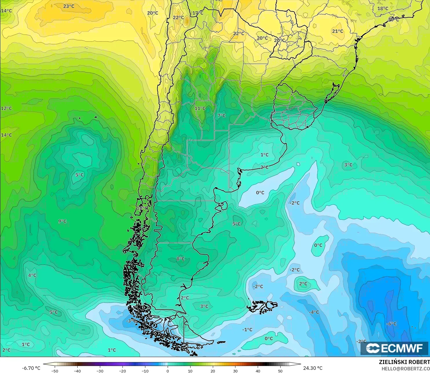 ECMWF IFS 0.25° modelo - Argentina, Temperatura a 850 hPa
