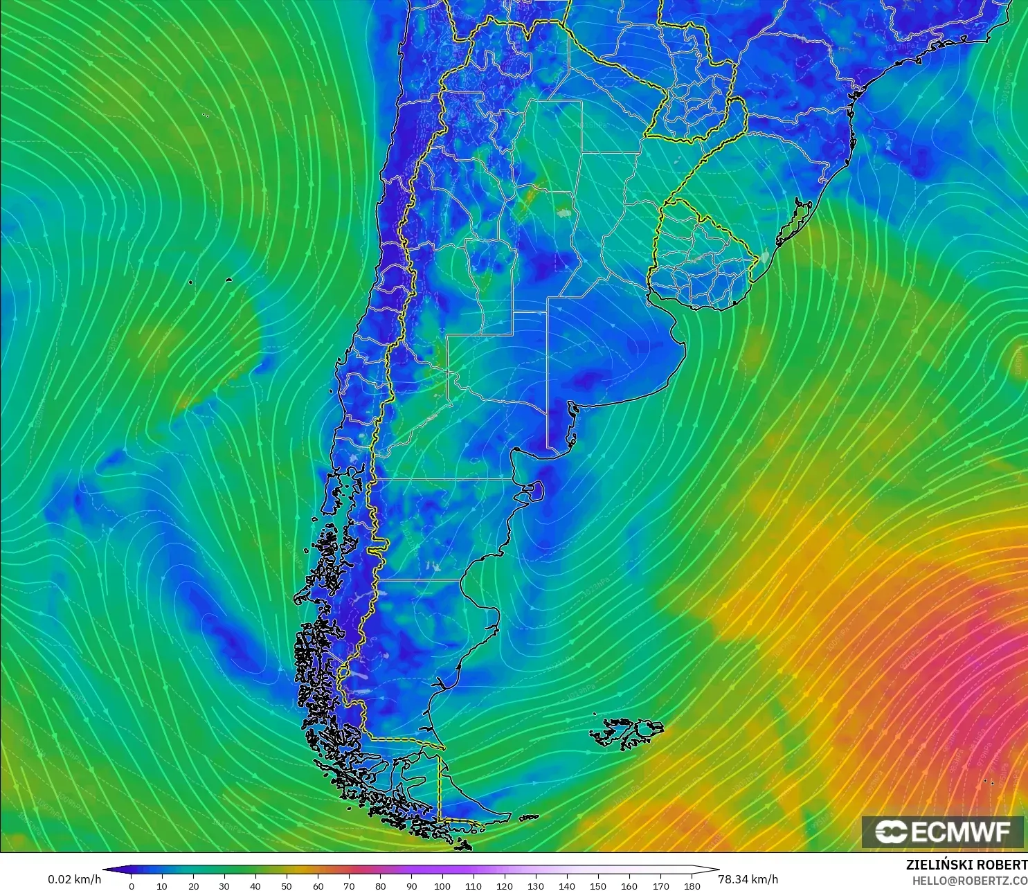 ECMWF IFS 0.25° modelo - Argentina, Viento a 10 m