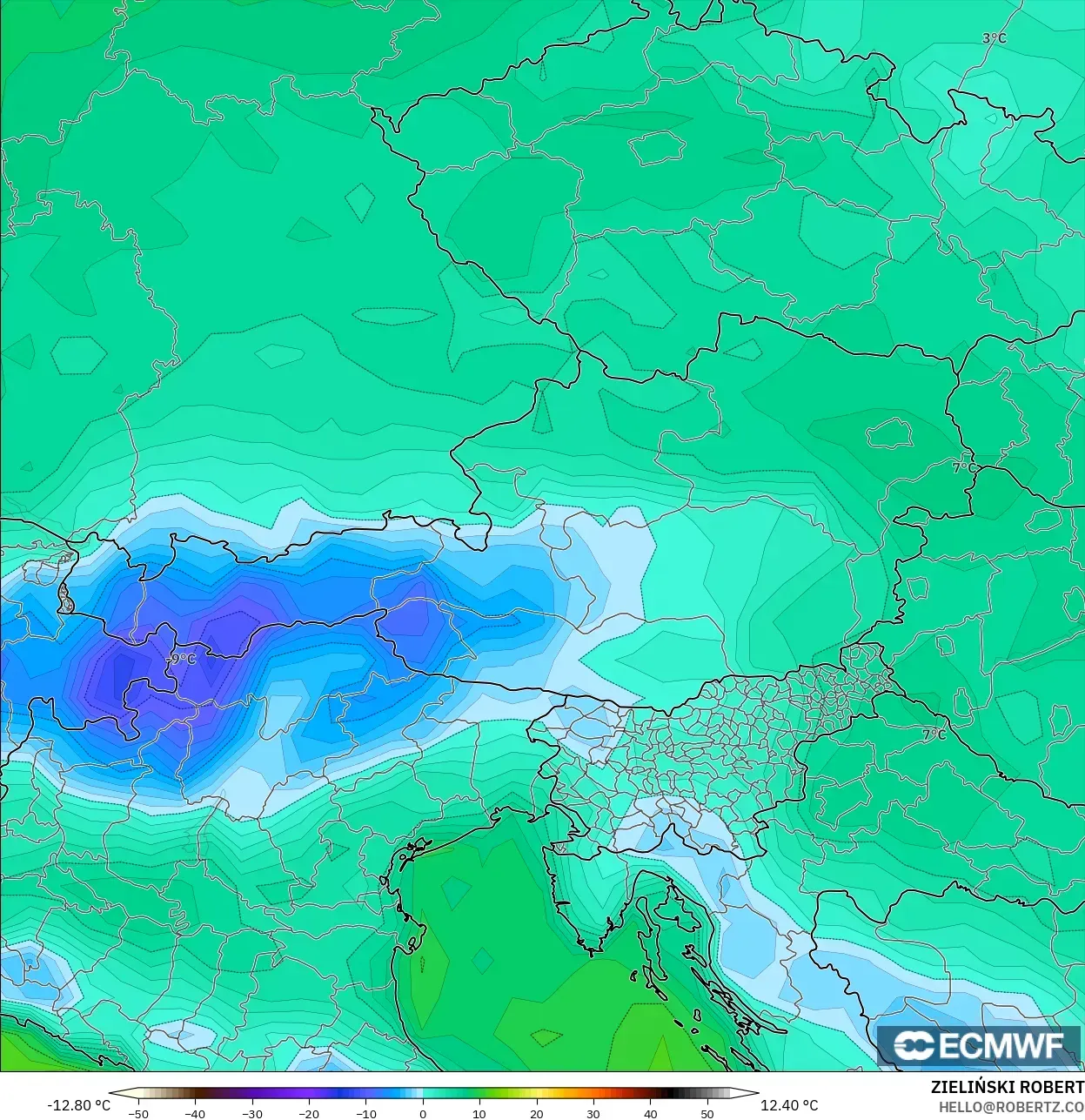 ECMWF IFS 0.25° modelo - Austria, Punto de rocío a 2 m
