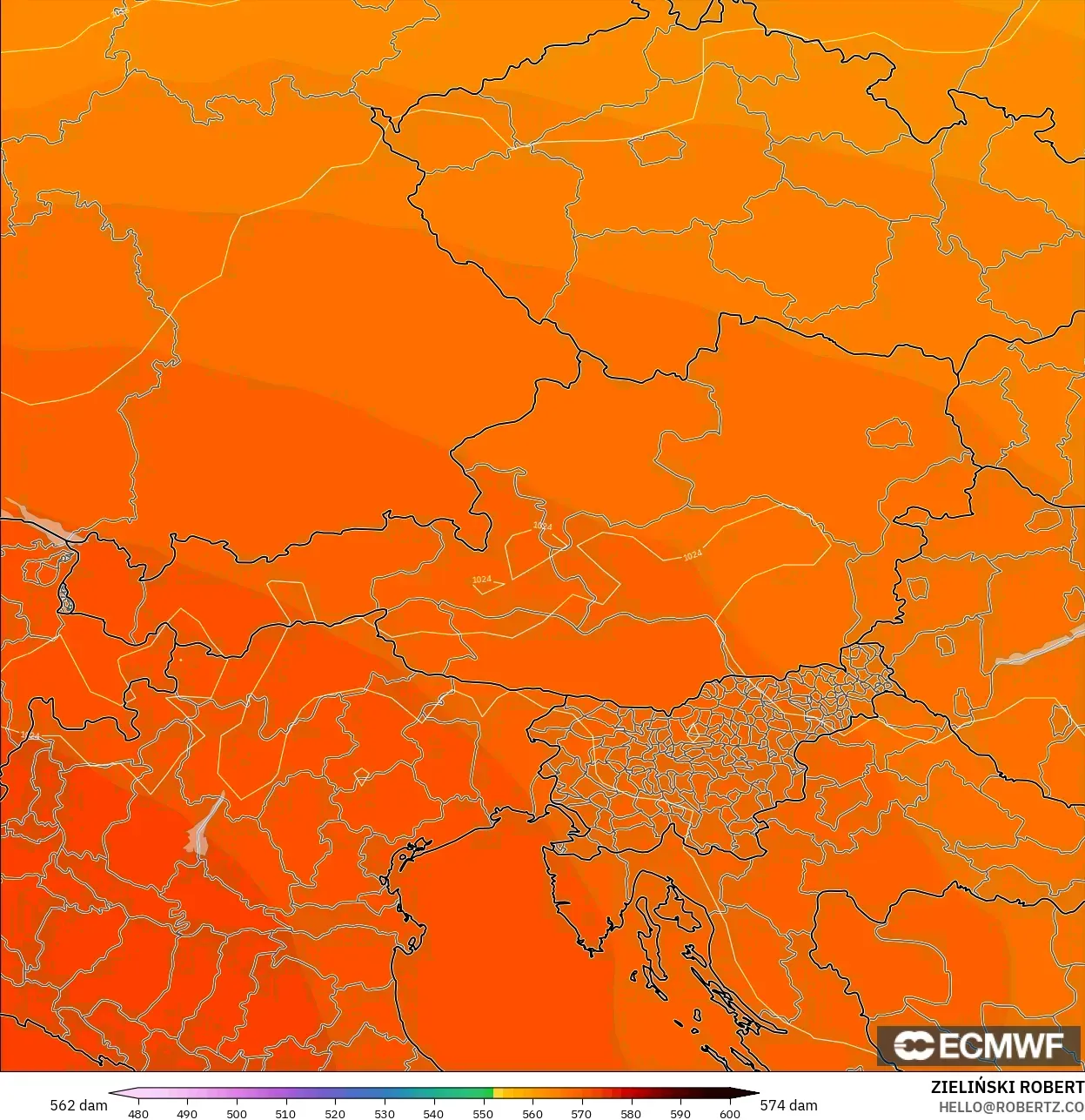 ECMWF IFS 0.25° modelo - Austria, Altura geopotencial a 500 hPa