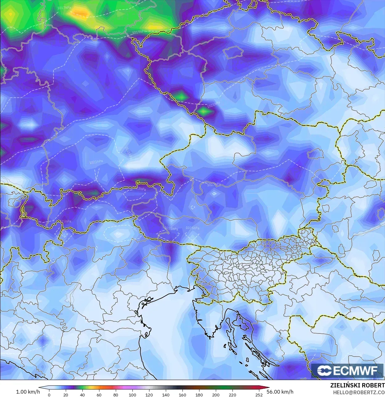 ECMWF IFS 0.25° modelo - Austria, Ráfagas de viento